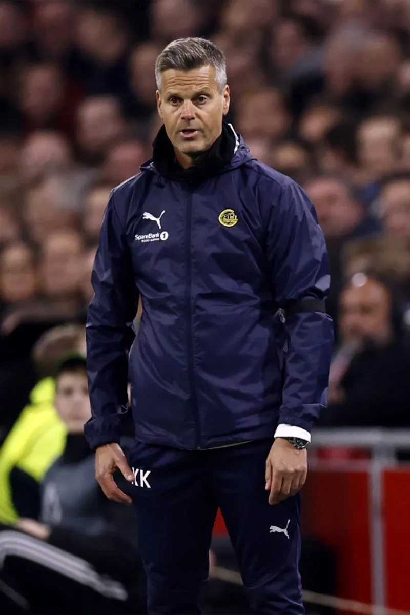 Bodoe Glimt's Norwegian head coach Kjetil Knutsen looks on during the UEFA Conference League play-off match between Ajax Amsterdam and Bodo Glimt at the Johan Cruijff ArenA in Amsterdam, on February 15, 2024.   MAURICE VAN STEEN / ANP / AFP