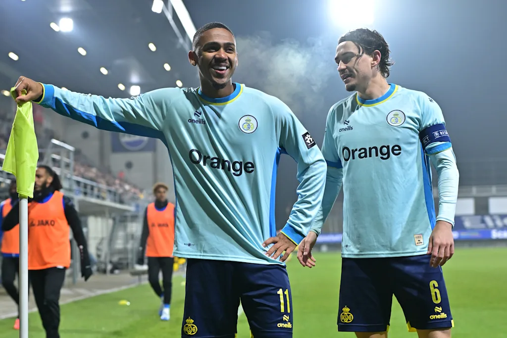 Union's Guilherme Smith celebrate after scoring during a soccer match between SK Beveren and Union SG, Saturday 31 October 2026 in Beveren, on day 10 of the 2026-2027 'Jupiler Pro League' first division of the Belgian championship. BELGA PHOTO DAVID PINTENS