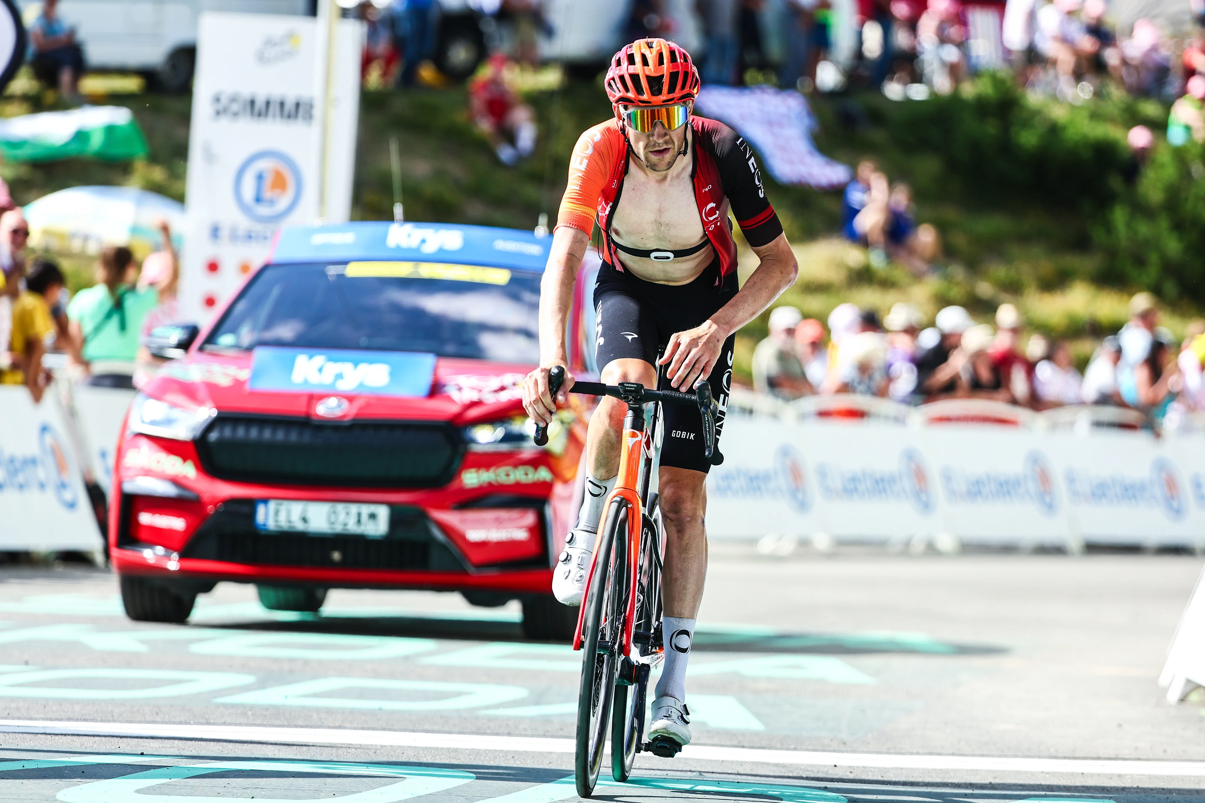 Belgian Laurens De Plus of Ineos Grenadiers pictured as he crosses the finish line at stage 15 of the 2024 Tour de France cycling race, from Loudenvielle to Plateau de Beille, France (107,7 km), on Sunday 14 July 2024. The 111th edition of the Tour de France starts on Saturday 29 June and will finish in Nice, France on 21 July. BELGA PHOTO DAVID PINTENS