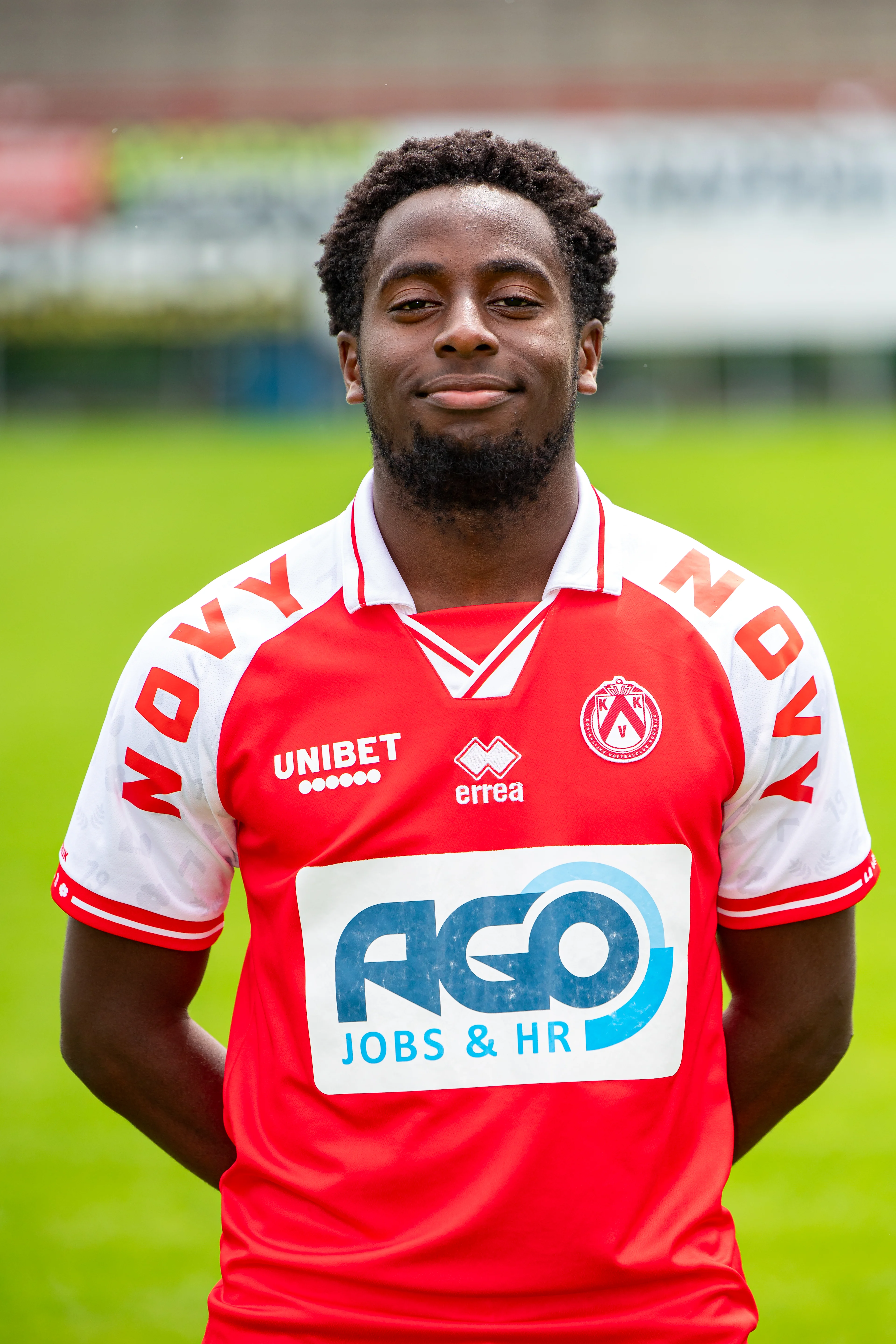 Kortrijk's Dylan Mbayo poses for a portrait at the 2024-2025 season photoshoot of Belgian Jupiler Pro League team KV Kortrijk, Tuesday 16 July 2024 in Kortrijk. BELGA PHOTO KURT DESPLENTER