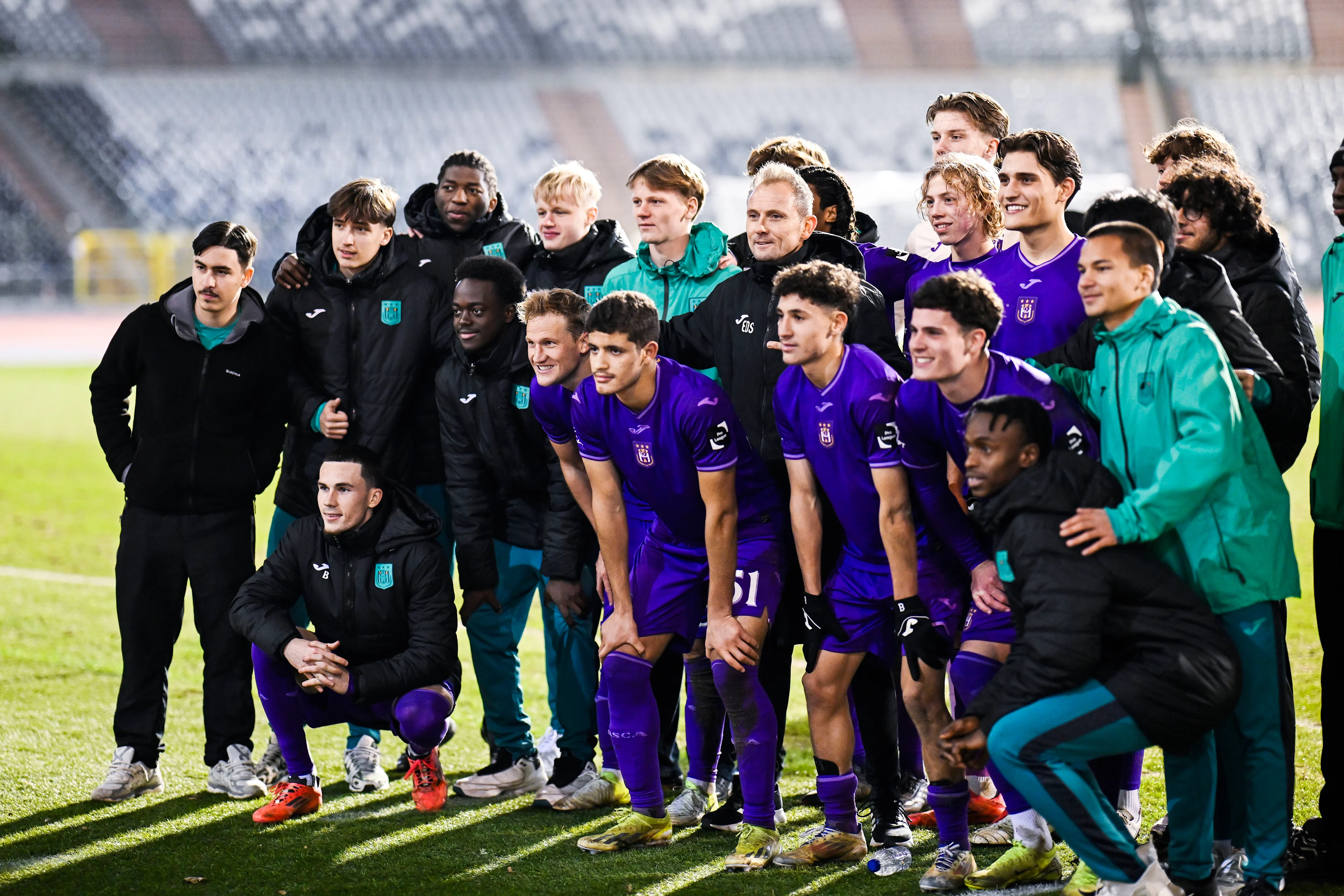 RSCA Futures players celebrate after winning a soccer match between RSCA Futures (U21) and Lierse SK, Saturday 30 November 2024 in Brussels, on day 13 of the 2024-2025 'Challenger Pro League' second division of the Belgian championship. BELGA PHOTO TOM GOYVAERTS