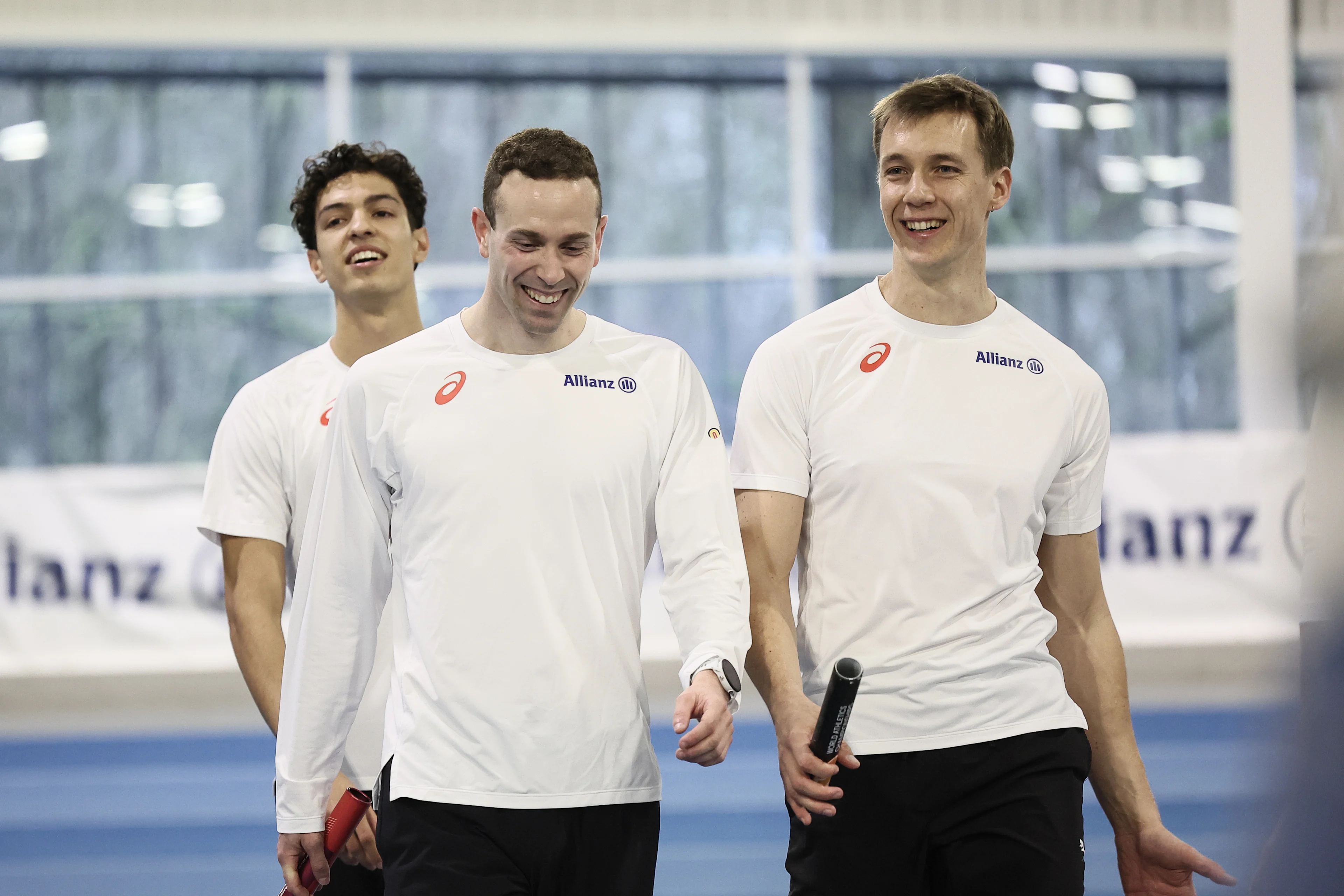 Belgian Jonathan Sacoor, Belgian Robin Vanderbemden and Belgian Julien Watrin pictured during a training session of the men's and mixed 4x400m teams for the World Indoor Athletics Championships, in Louvain-La-Neuve, on Friday 13 March 2026. The World Indoor Athletics Championships take place in Kujawy-Pomorze, Poland from 20 to 22 March. BELGA PHOTO BRUNO FAHY