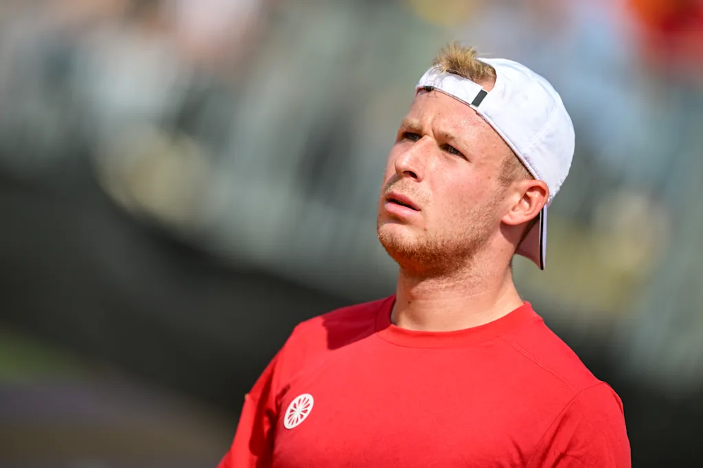 Belgian Gauthier Onclin looks dejected after losing a tennis match between Austrian Rodionov and Belgian Onclin, the first rubber in the tie between Austria and Belgium, qualifiers for the Davis Cup tournament, on Friday 18 September 2026 in Vienna, Austria. BELGA PHOTO DAVID PINTENS