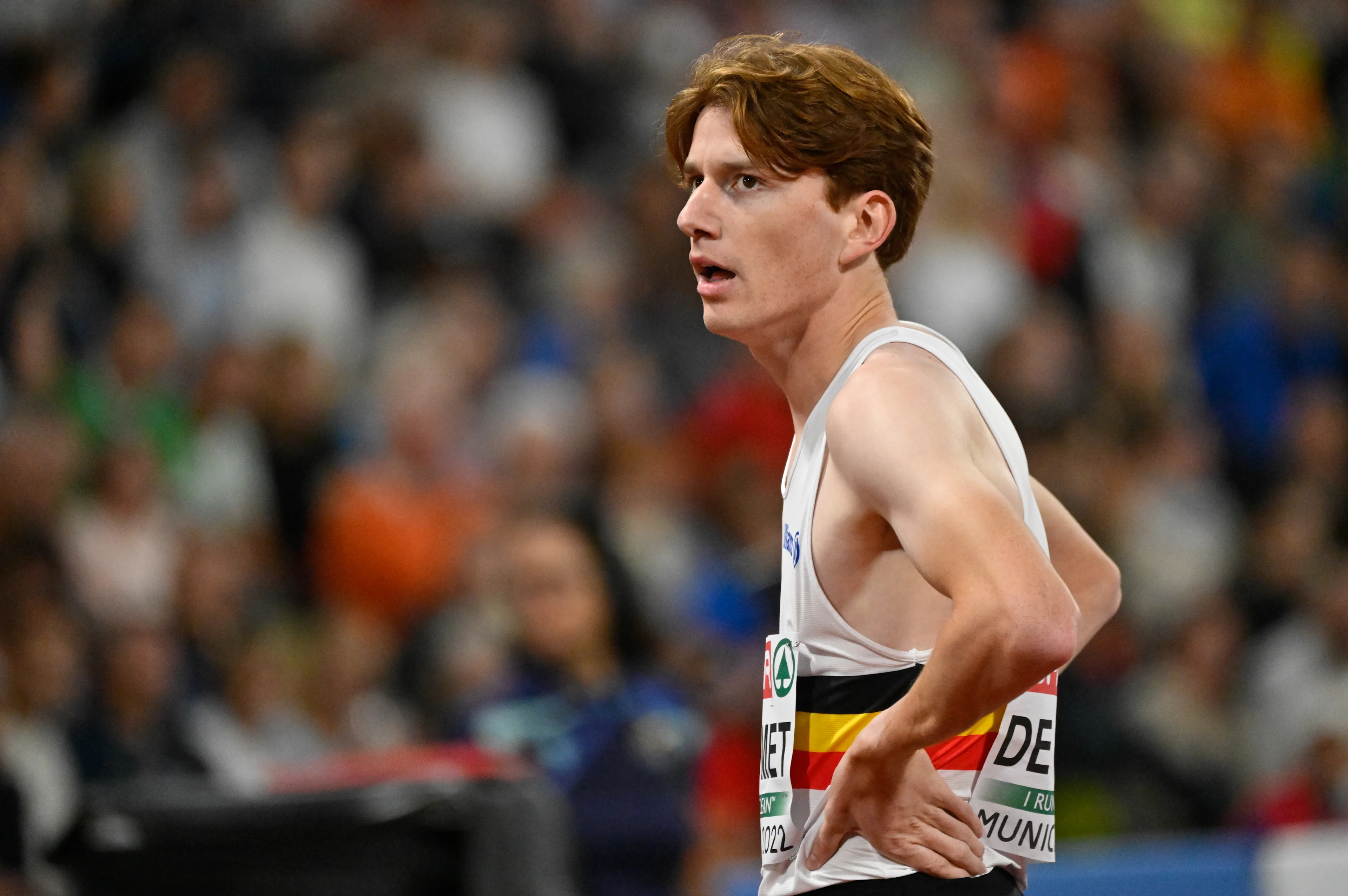 Belgian Tibo De Smet pictured after the first semi final of the men's 800m race at the European Championships athletics, at Munich 2022, Germany, on Friday 19 August 2022. The second edition of the European Championships takes place from 11 to 22 August and features nine sports. BELGA PHOTO ERIC LALMAND