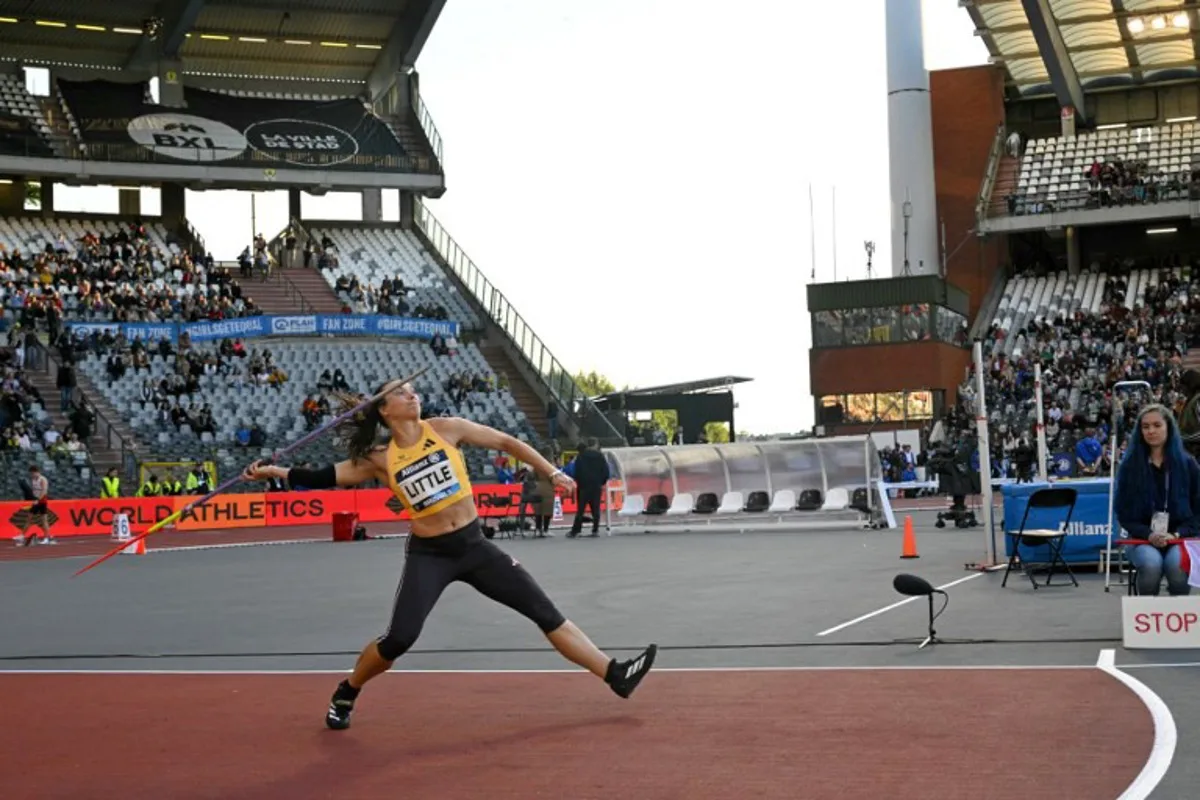 Australia's Mackenzie Little competes in the Women's Javelin Throw final of the Memorial Van Damme Diamond League athletics finals at the Roi Baudouin Stadium in Brussels on September 14, 2024.  NICOLAS TUCAT / AFP