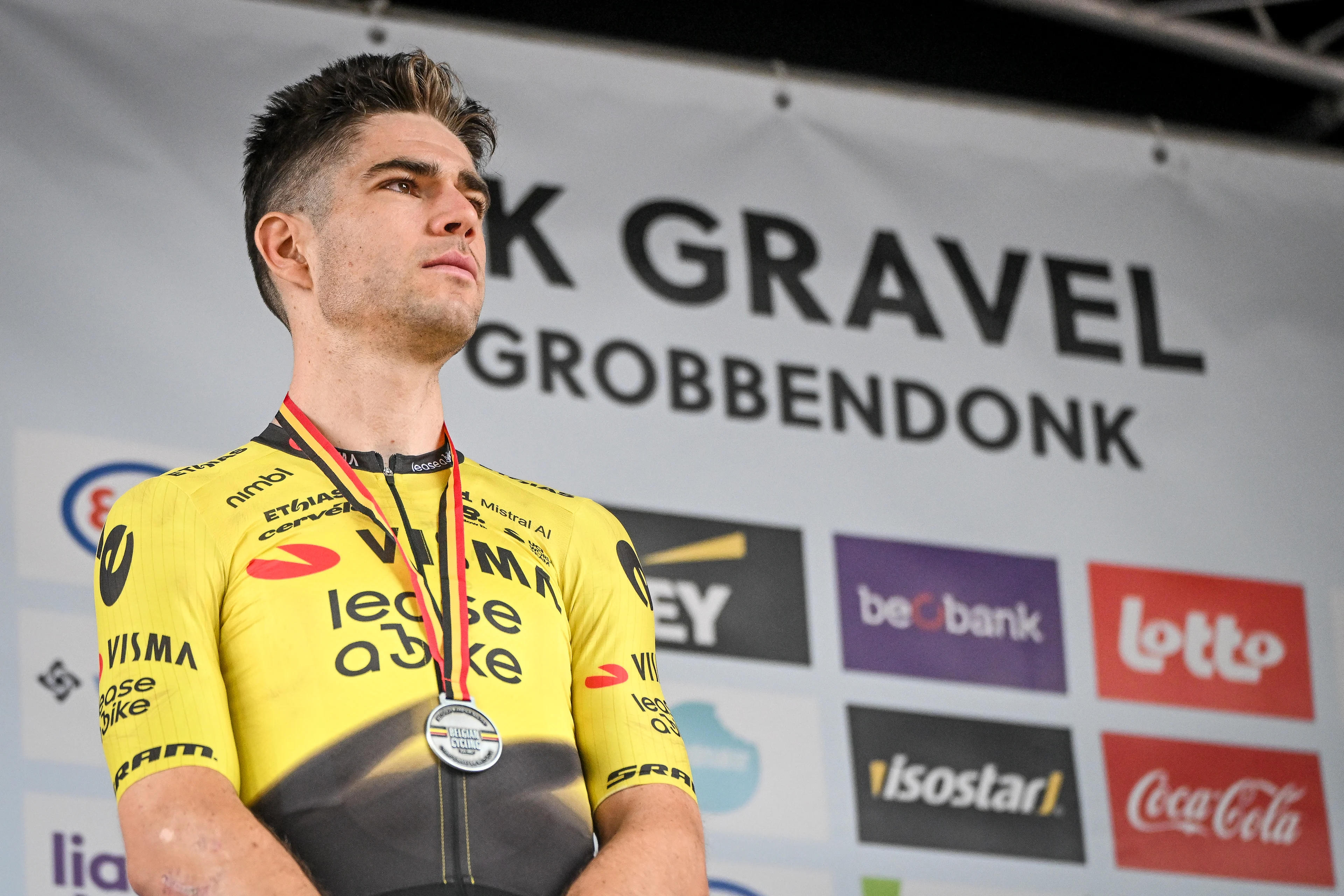 Belgian Wout van Aert pictured on the podium after the elite race at the Belgian Gravel Championships, Sunday 16 August 2026 in Grobbendonk. BELGA PHOTO ELIAS ROM