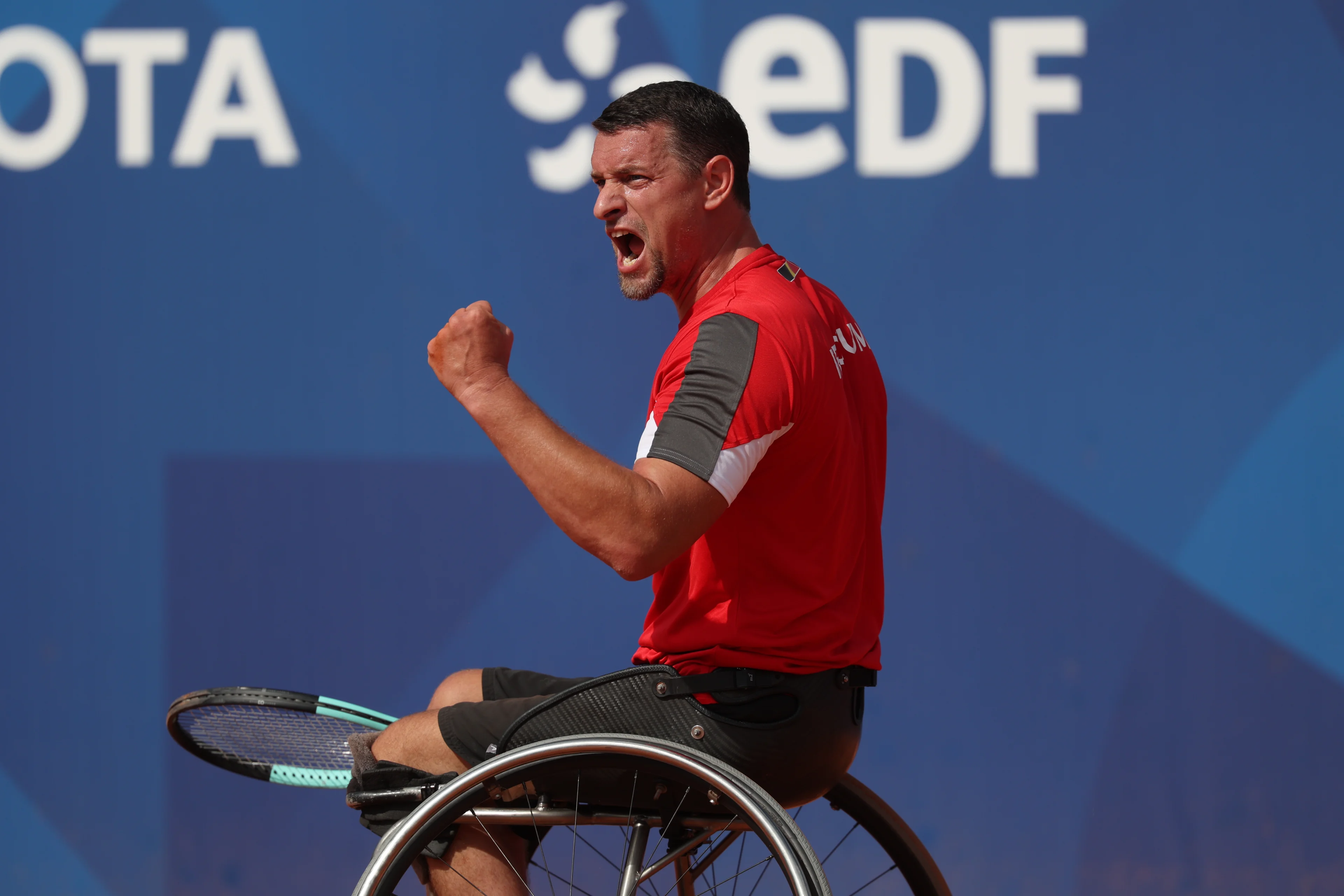 Belgian Joachim Gerard reacts during a game between Belgian Gerard and French Menguy, in the Men's Singles, 2nd round of the wheelchair tennis competition, on day 5 of the 2024 Summer Paralympic Games in Paris, France on Sunday 01 September 2024. The 17th Paralympics are taking place from 28 August to 8 September 2024 in Paris. BELGA PHOTO VIRGINIE LEFOUR