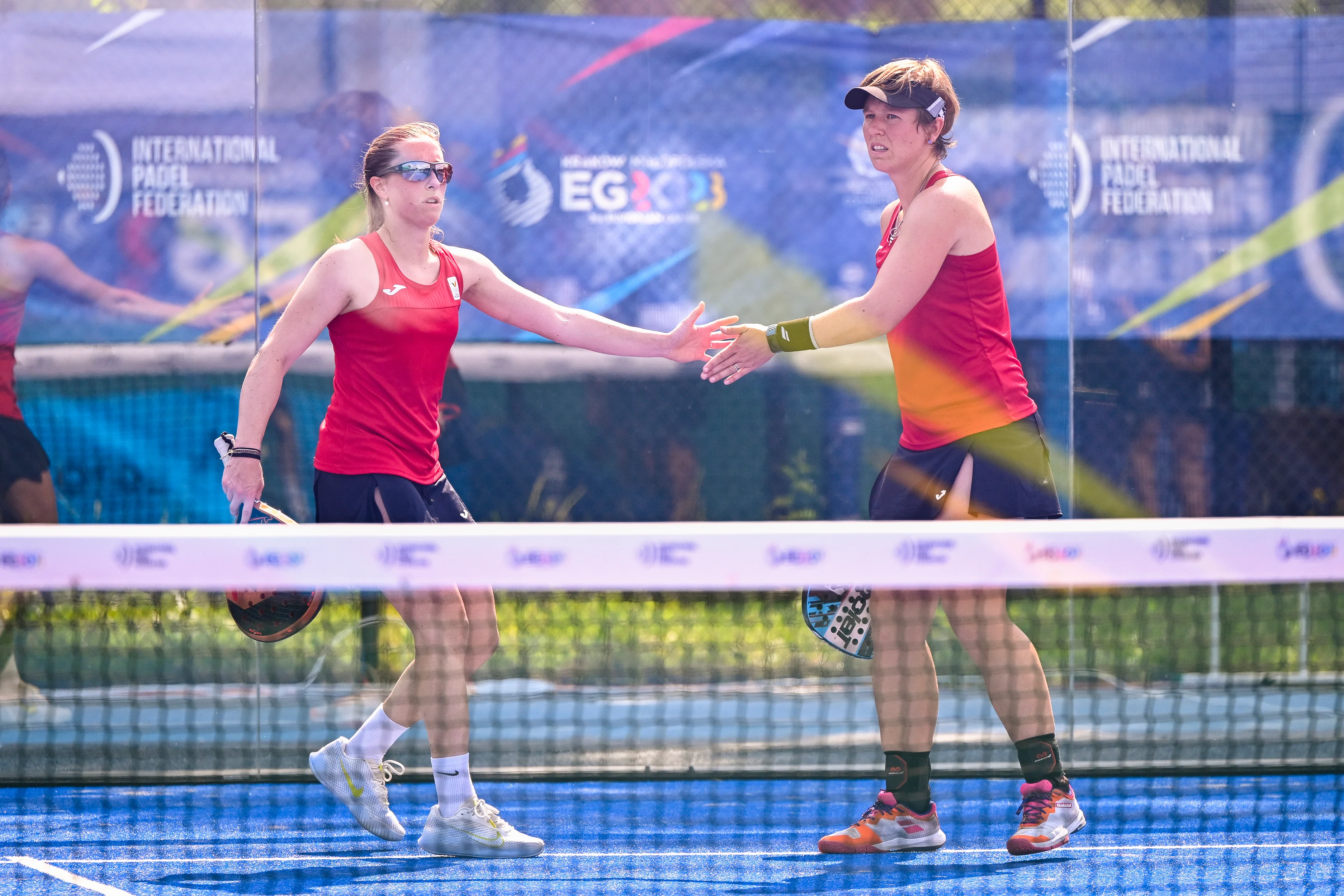 Padel player Helena Wyckaert and Padel player An-Sophie Mestach react during a women doubles first round game in the padel competition between Belgian pair Wyckaert-Mestach and German pair Clement-Scholten at the European Games, in Krakow, Poland, Wednesday 21 June 2023. The 3rd European Games, informally known as Krakow-Malopolska 2023, is a scheduled international sporting event that will be held from 21 June to 02 July 2023 in Krakow and Malopolska, Poland. BELGA PHOTO LAURIE DIEFFEMBACQ