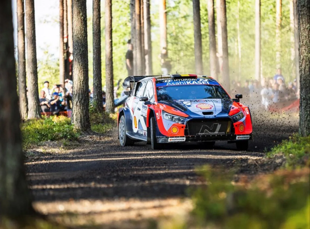Belgian driver Thierry Neuville and co-driver Martijn Wydaeghe compete in their Hyundai i20 N Rally 1 car during the Laukaa 2 special stage of the WRC Rally Finland in Jyvaskyla, Finland on August 1, 2025. Valtteri Vainio / Lehtikuva / AFP