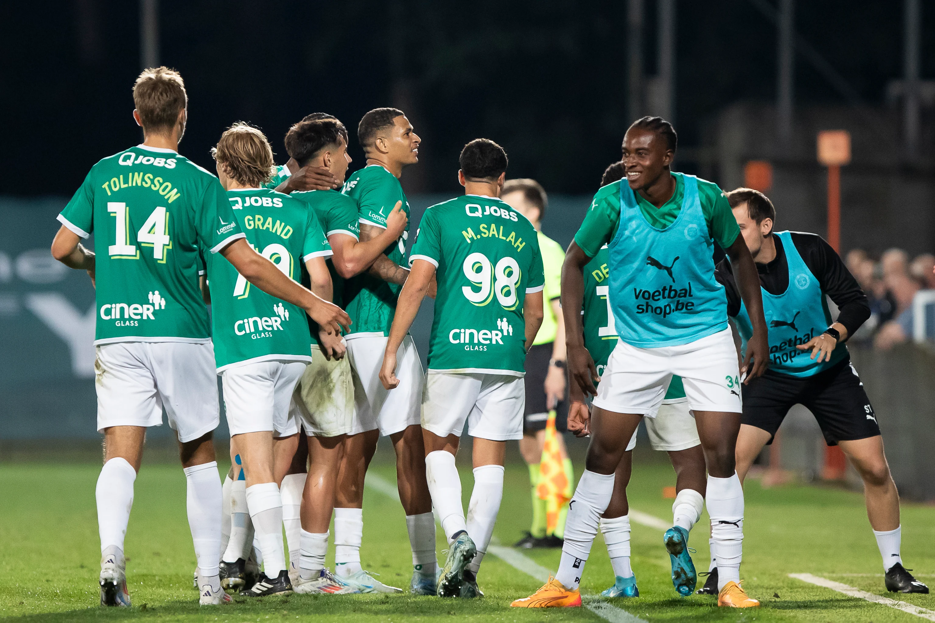 Lommel's Diego Gabriel Silva Rosa and teammates celebrate after scoring during a soccer match between Lommel SK and RSCA Futures, in Lommel, on day 5 of the 2024-2025 'Challenger Pro League' 1B second division of the Belgian championship, Friday 20 September 2024. BELGA PHOTO KRISTOF VAN ACCOM