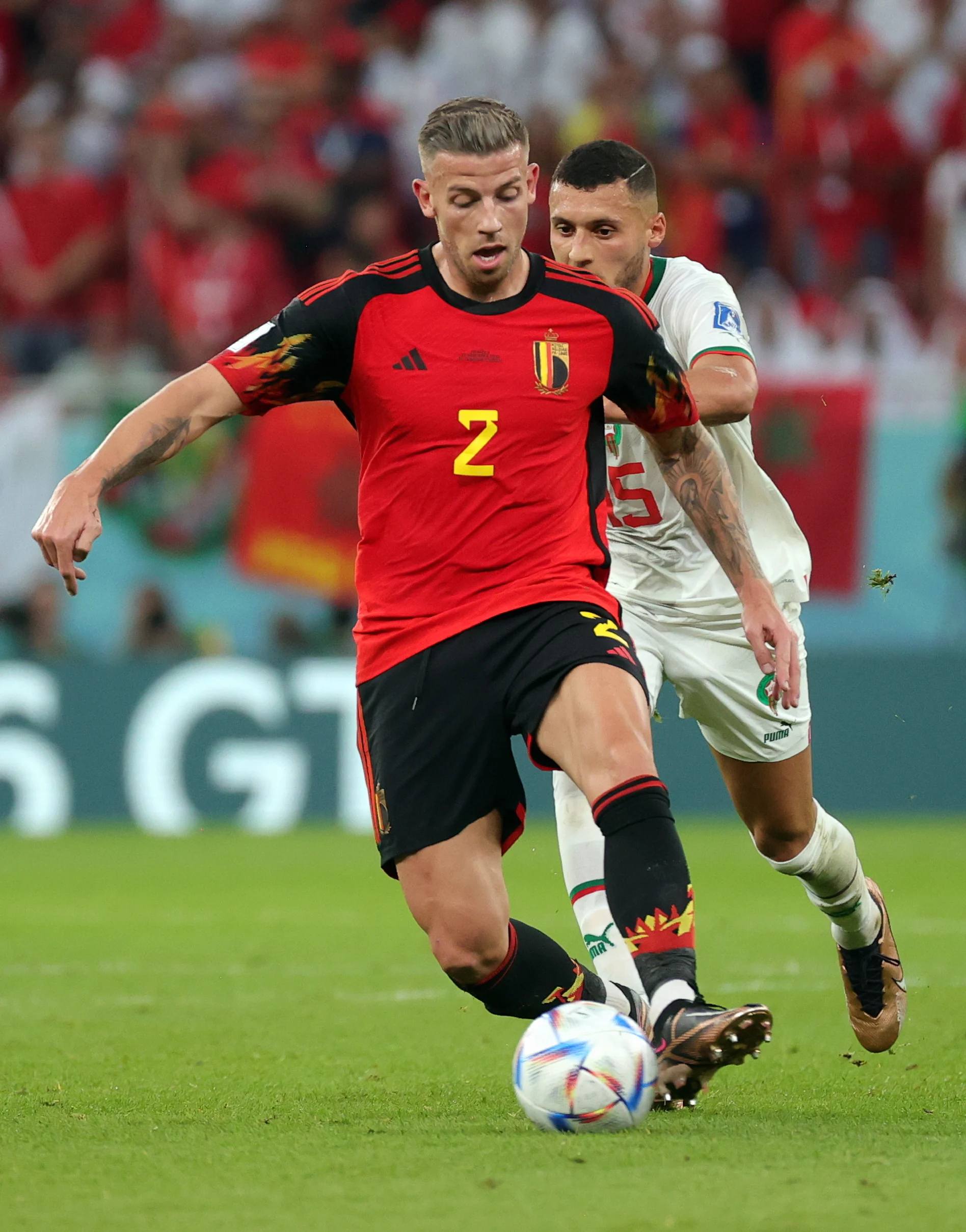 Belgium's Toby Alderweireld and Moroccan Selim Amallah pictured in action during a soccer game between Belgium's national team the Red Devils and Morocco, in Group F of the FIFA 2022 World Cup in Al Thumama Stadium, Doha, State of Qatar on Sunday 27 November 2022. BELGA PHOTO VIRGINIE LEFOUR