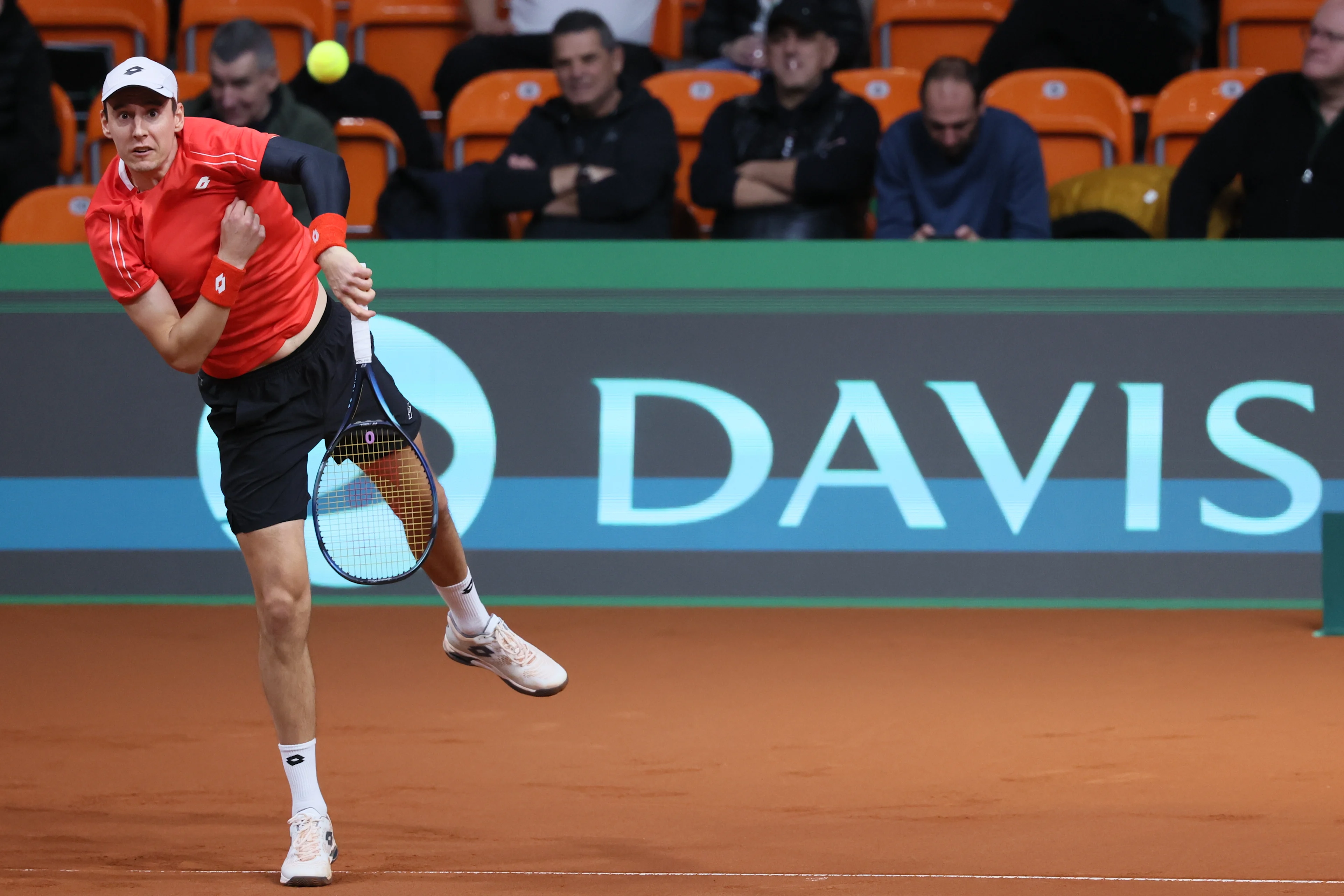 Belgian Joran Vliegen pictured in action duringa a doubles tennis match between Bulgarian Donski/Nesterov and Belgian Gille/Vliegen, match 3 of the qualifier of the Davis Cup on Sunday 08 February 2026, in Plovdiv, Bulgaria. Belgium will compete this weekend in the Davis Cup qualifiers against Bulgaria. BELGA PHOTO BENOIT DOPPAGNE