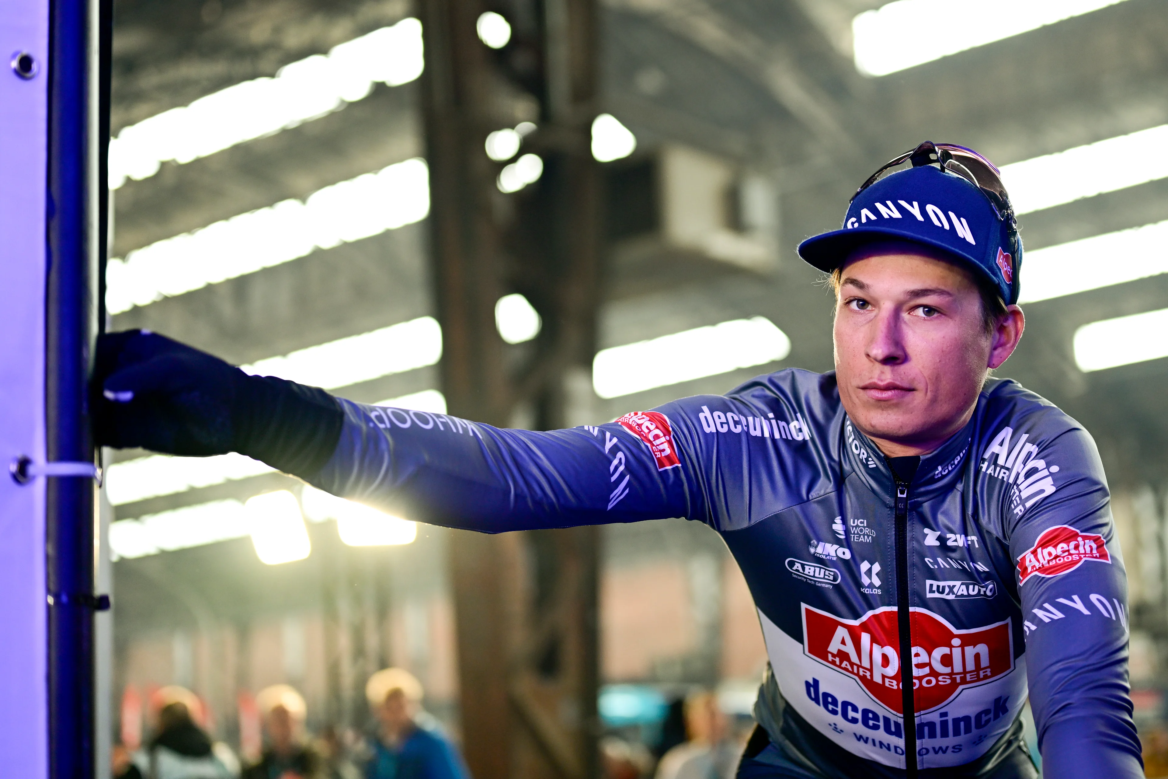 Belgian Jasper Philipsen of Alpecin-Deceuninck pictured at the team presentation of the 80th edition of the men's one-day cycling race Omloop Het Nieuwsblad (UCI World Tour), 197km from Gent to Ninove, Saturday 01 March 2025. BELGA PHOTO DIRK WAEM