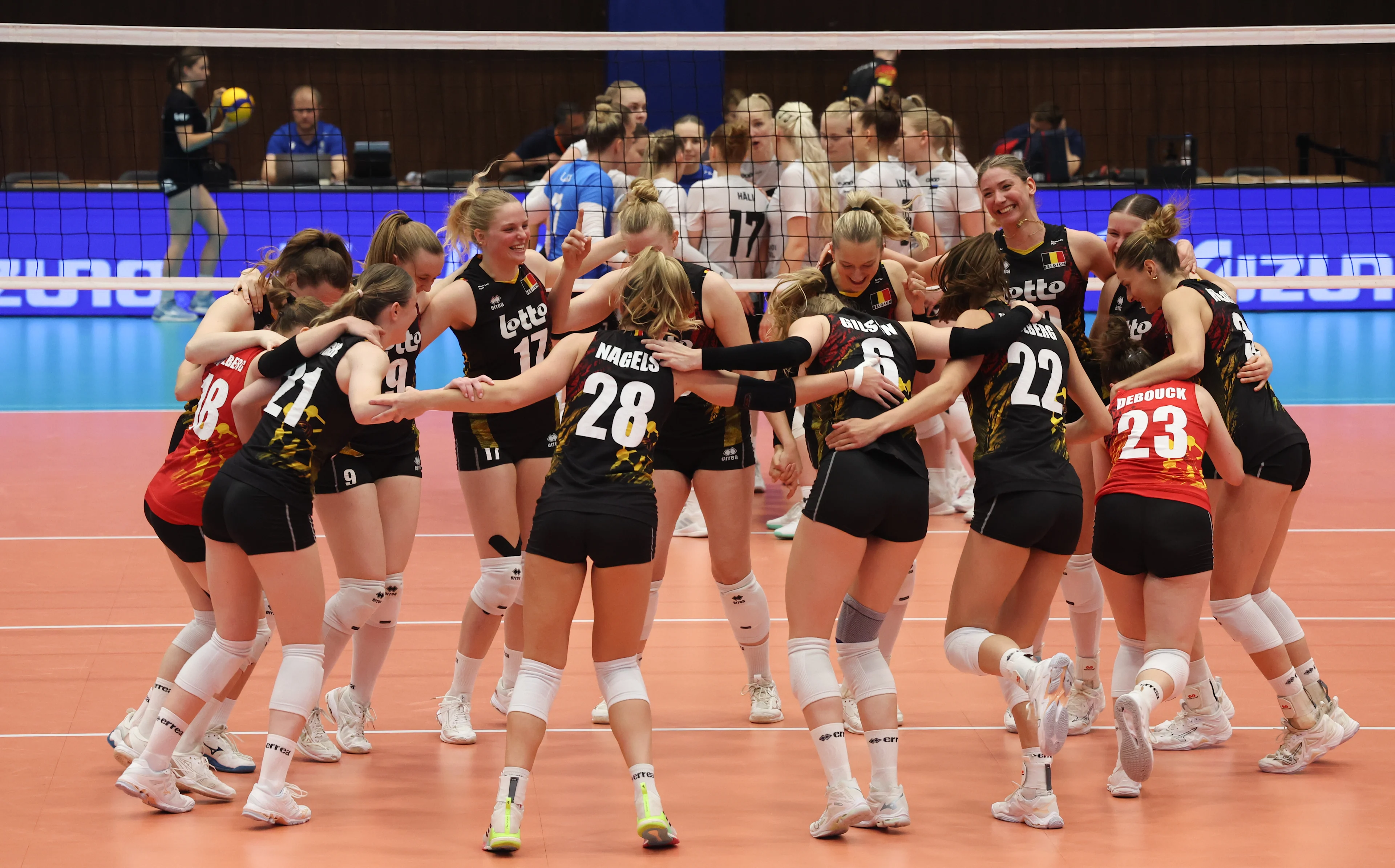 Belgium's players celebrate after winning a volleyball match between Belgium's national women's volleyball team, the Yellow Tigers, and the Estonian national women's volleyball team, in match 3/6 of the League Round of the European Golden League women, in Beveren, Friday 24 May 2024. BELGA PHOTO VIRGINIE LEFOUR