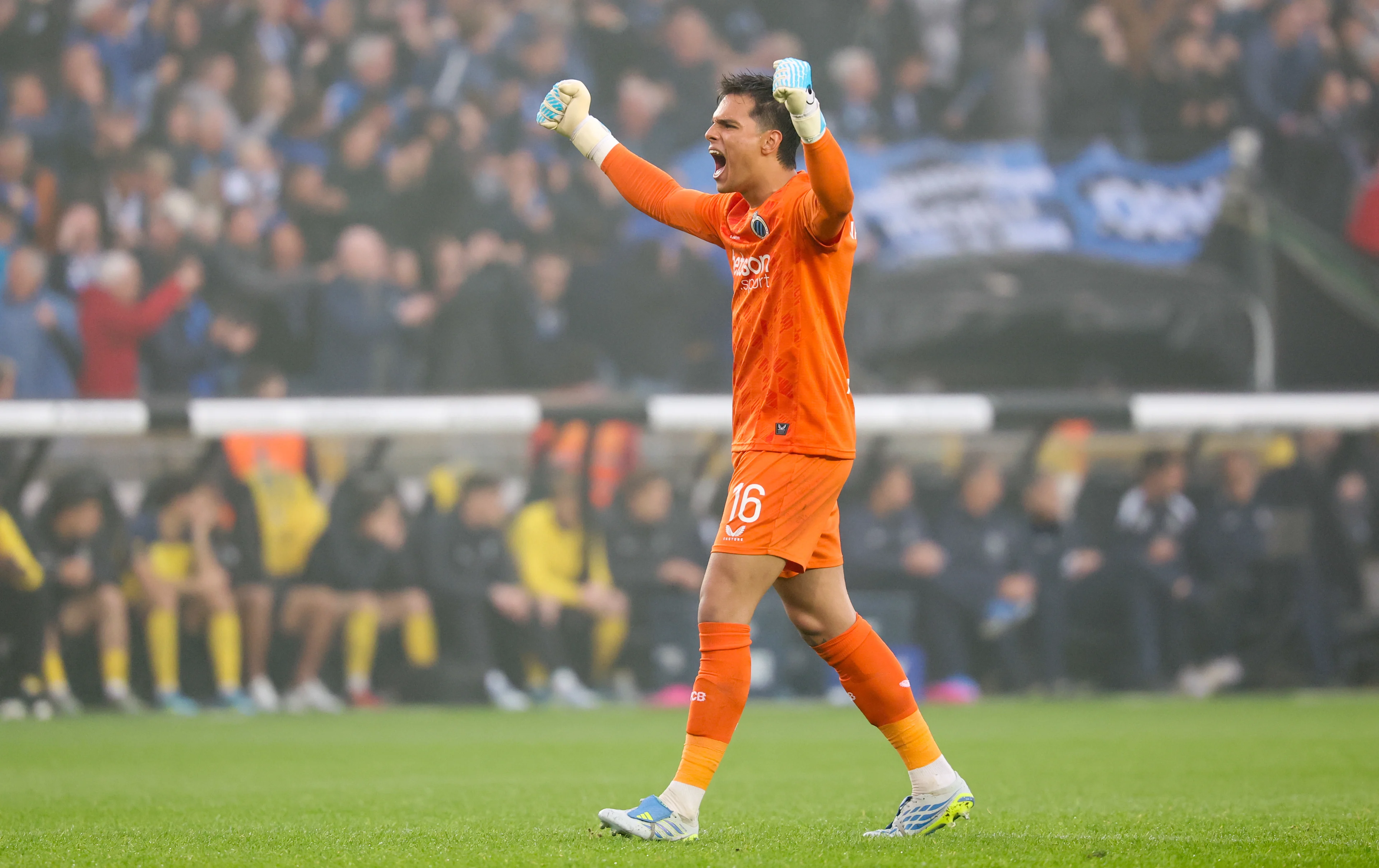Club's goalkeeper Dani Van Den Heuvel celebrates during a game between Belgian soccer team Club Brugge KV and Royale Union Saint-Gilloise, Sunday 17 May 2026 in Brugge, on day 8 of the Champion's Play-Off (PO 1) competition of the Jupiler Pro League. BELGA PHOTO VIRGINIE LEFOUR
