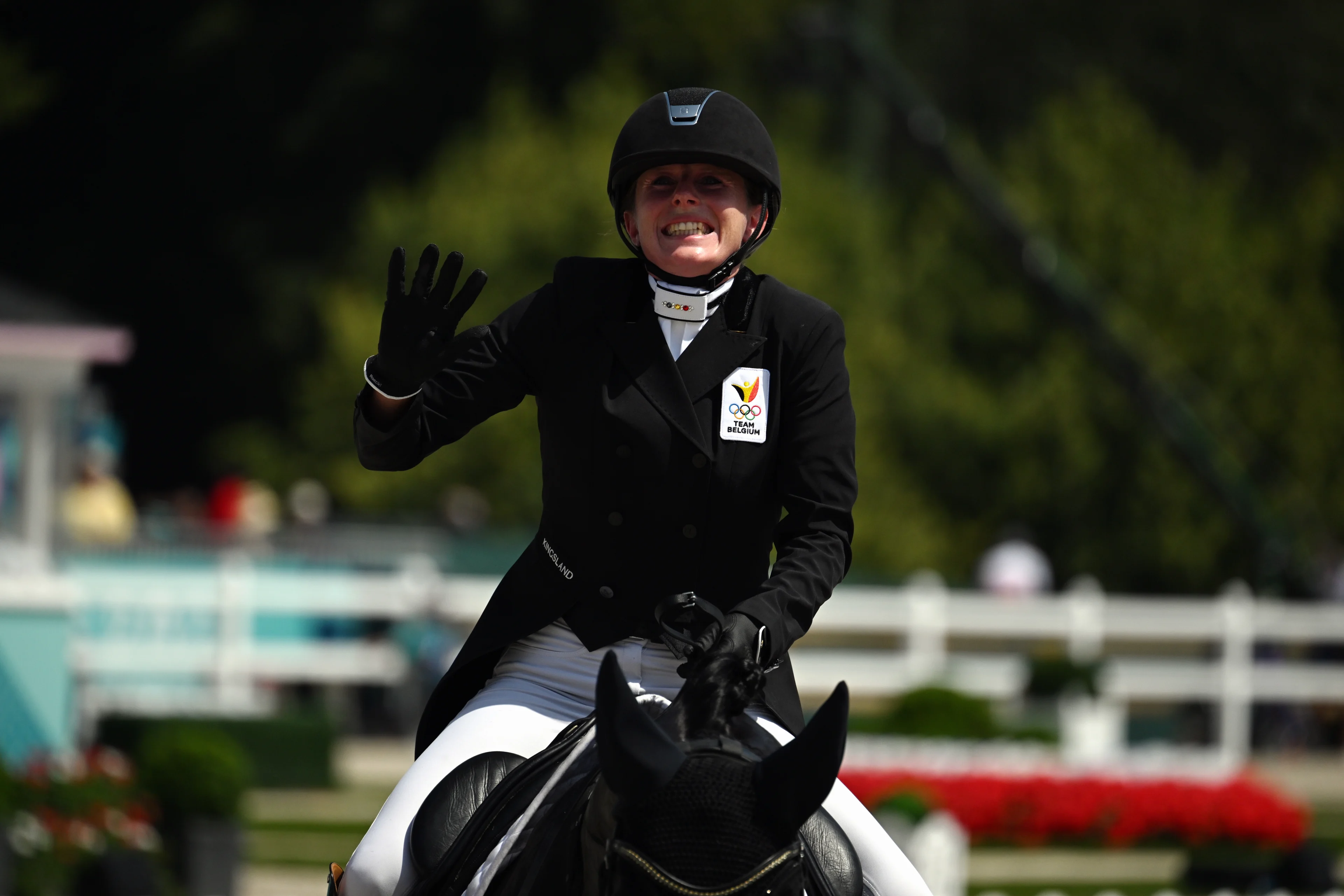 Belgian rider Flore De Winne and horse Flynn FRH pictured in action during the qualifications for the individual and team dressage equestrian event at the Chateau de Versailles in Versailles, during the Paris 2024 Olympic Games, on Tuesday 30 July 2024 in Paris, France. The Games of the XXXIII Olympiad are taking place in Paris from 26 July to 11 August. The Belgian delegation counts 165 athletes competing in 21 sports. BELGA PHOTO ANTHONY BEHAR ****** *** BELGIUM ONLY ***