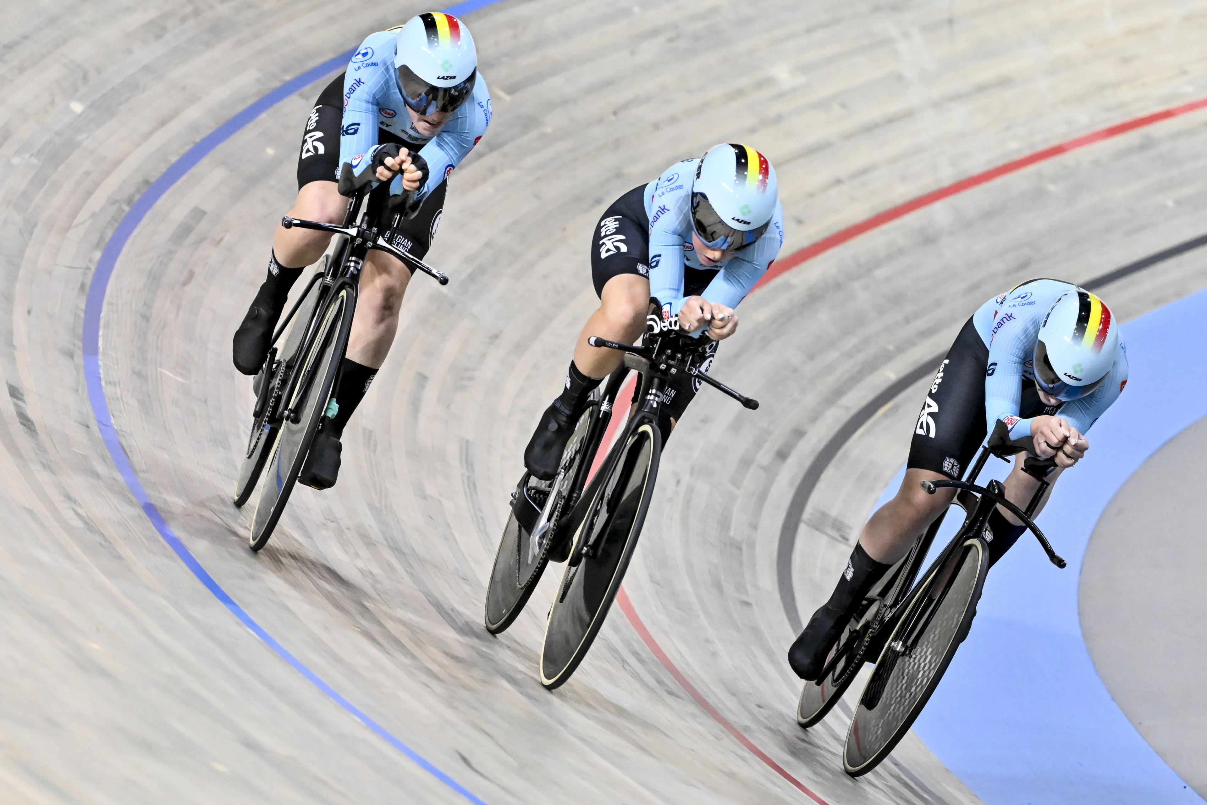 Belgian Katrijn De Clercq, Belgian Febe Jooris and Belgian Marith Vanhove pictured in action during the qualification of the Women's Team Pursuit event, at the 2024 UEC Track Elite European Championships, in Apeldoorn, Netherlands, Wednesday 10 January 2024. The European Championships take place from 10 ,to 14 January. BELGA PHOTO DIRK WAEM