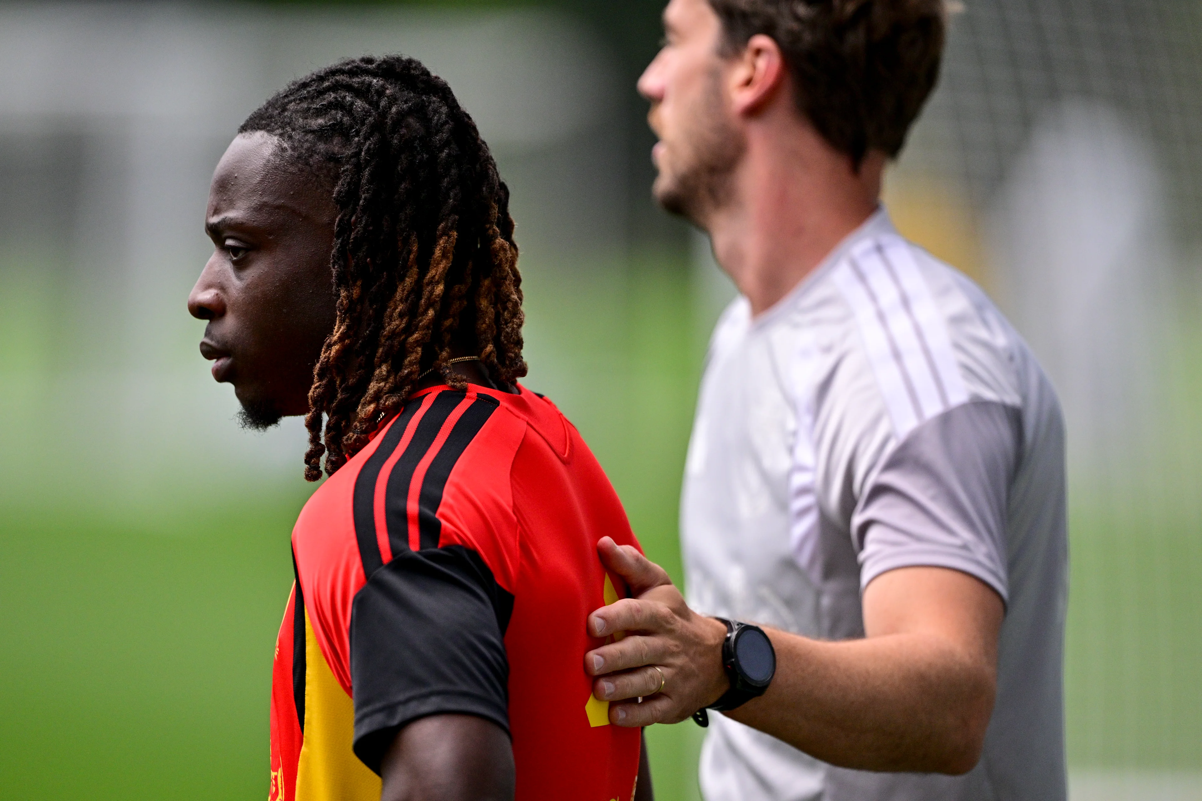 Belgium's Jeremy Doku pictured during a training session of Belgian national soccer team Red Devils in their base camp, home of the Seattle Sounders, Renton, Seattle, USA, on Friday 19 June 2026. The Red Devils prepare for their next game in the group stage of the 2026 FIFA World Cup. BELGA PHOTO DIRK WAEM
