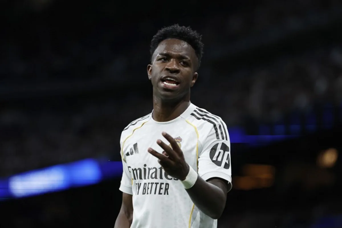 Real Madrid's Brazilian forward #07 Vinicius Junior gestures during the Spanish league football match between Real Madrid CF and Real Oviedo at Santiago Bernabeu Stadium in Madrid on May 14, 2026. Oscar DEL POZO / AFP