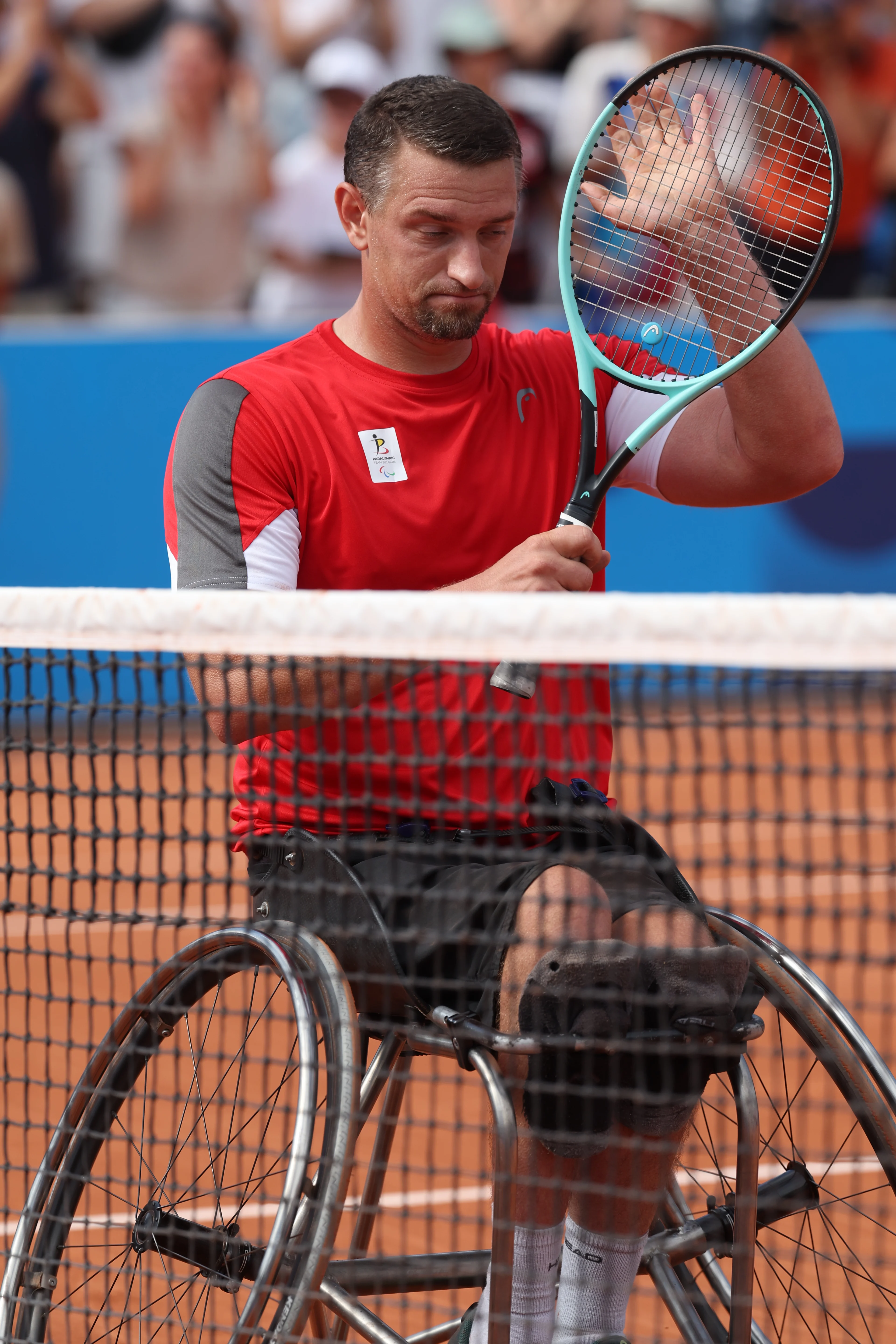 Belgian Joachim Gerard reacts after losing a game between Belgian Gerard and French Menguy, in the Men's Singles, 2nd round of the wheelchair tennis competition, on day 5 of the 2024 Summer Paralympic Games in Paris, France on Sunday 01 September 2024. The 17th Paralympics are taking place from 28 August to 8 September 2024 in Paris. BELGA PHOTO VIRGINIE LEFOUR