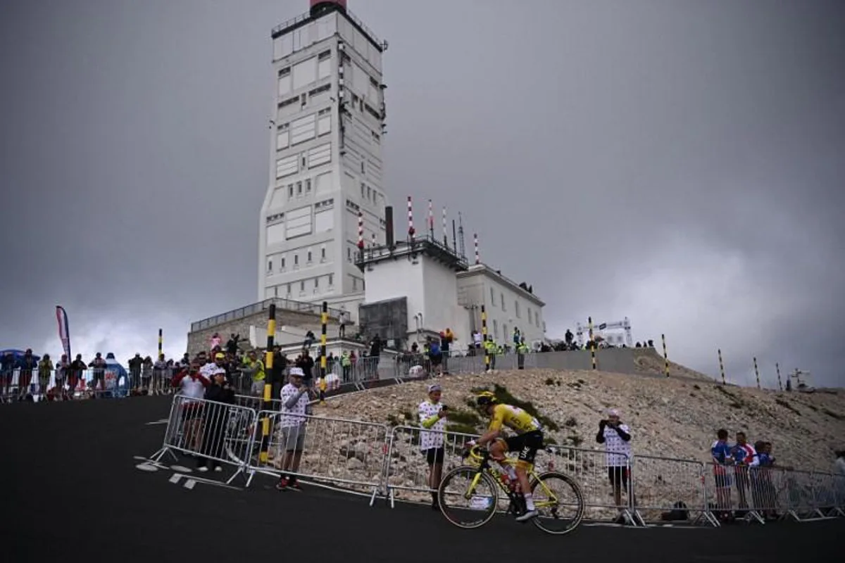Team UAE Emirates' Tadej Pogacar of Slovenia wearing the overall leader's yellow jersey climbs the Mont Ventoux during the 11th stage of the 108th edition of the Tour de France cycling race, 198 km between Sorgues and Malaucene, on July 07, 2021. Anne-Christine POUJOULAT / AFP