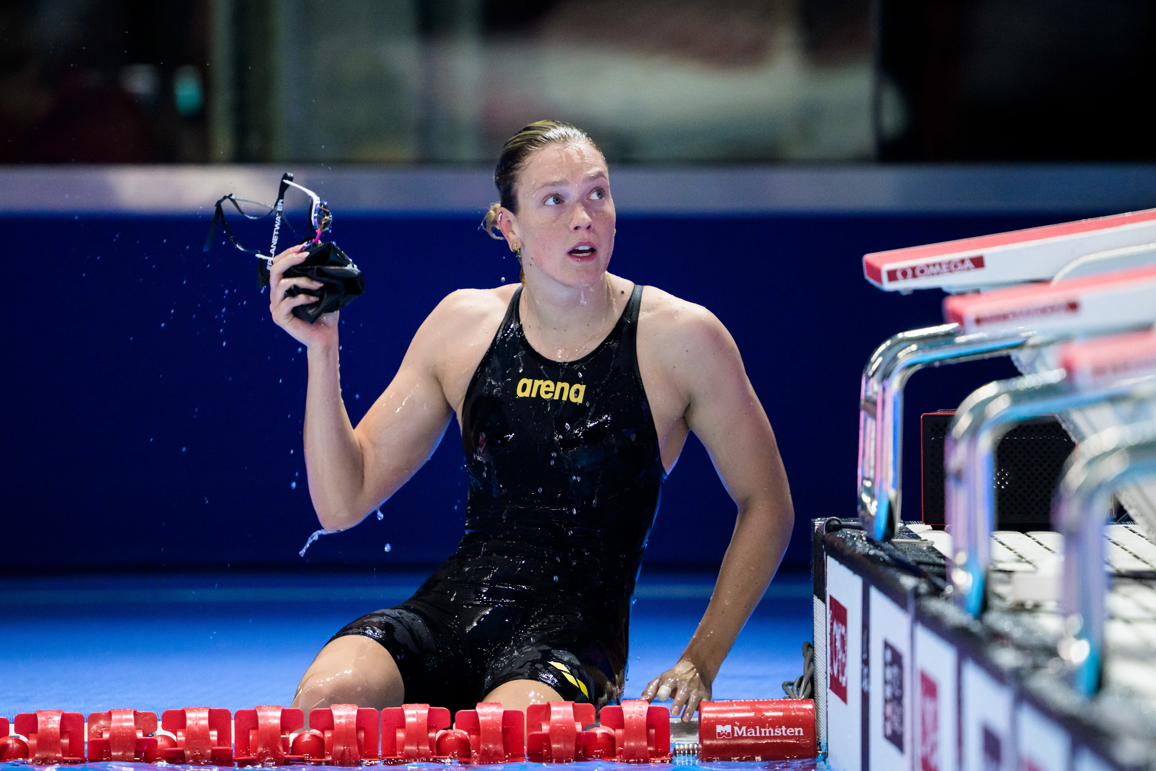 ATTENTION EDITORS - BENELUX ONLY - 250728 Florine Gaspard of Belgium after competing in women's 100 meters breaststroke swimming semifinal during day 18 of the World Aquatics Championships on July 28, 2025 in Singapore. Photo: Joel Marklund / BILDBYRÅN / kod JM / JM0711 bbeng simning swimming svømming sim-vm vm sim-vm 2025 world aquatics championships 2025
