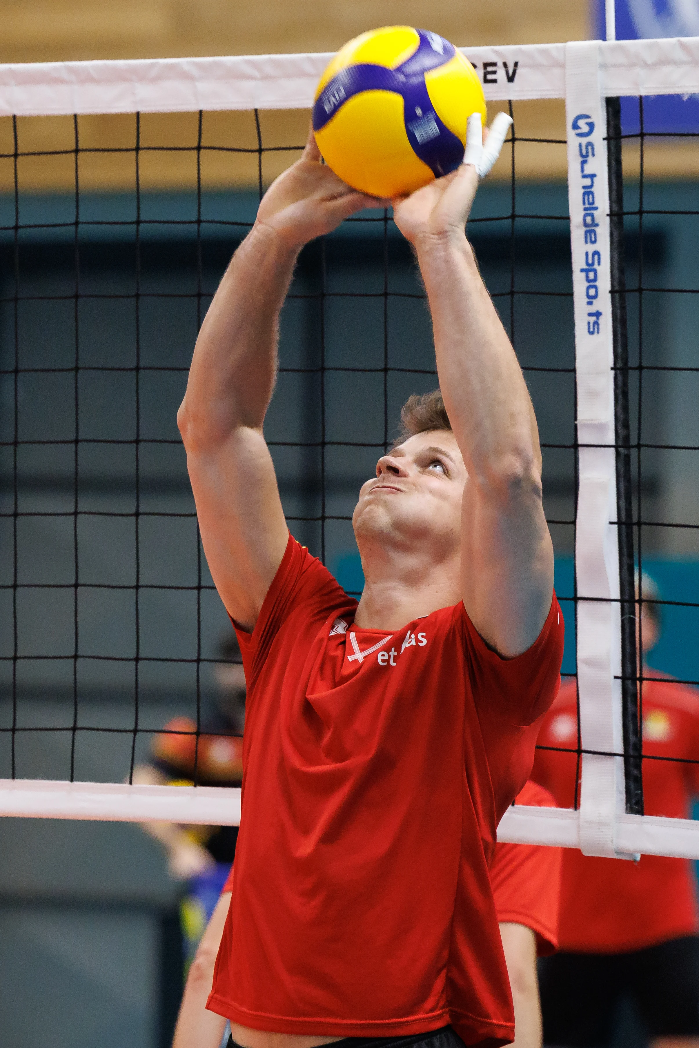 Belgium's Seppe Rotty pictured in action during the media day of the Red Dragons, Belgian national men's volleyball team, ahead of the World Championship, in Roeselare, on Thursday 04 September 2025. The FIVB 2025 Volleyball World Championship take place from 12 to 28 September in the Philippines. BELGA PHOTO KURT DESPLENTER