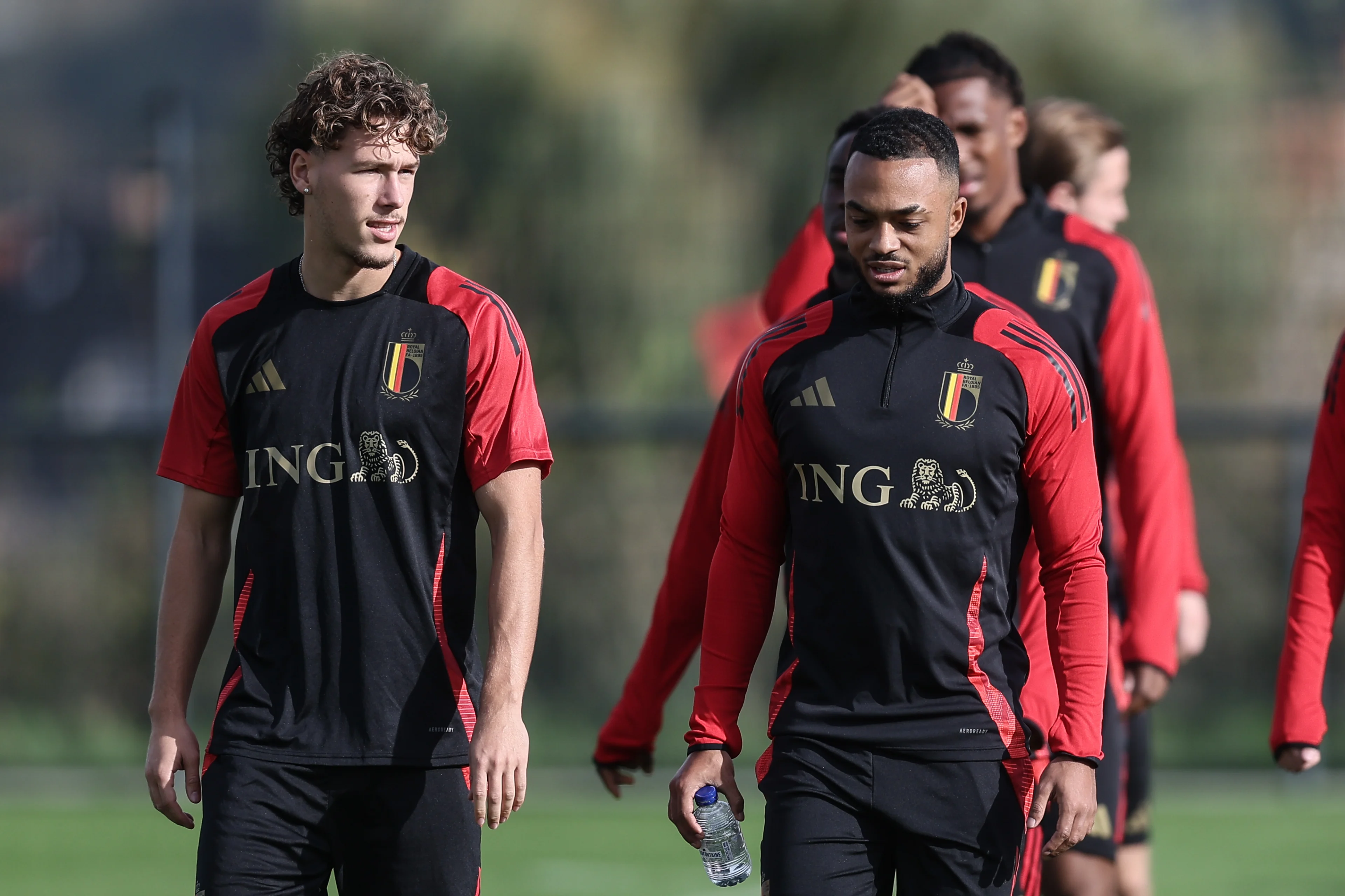 Lucas Stassin and Belgium's Killian Sardella arrive for a training session of the Belgian national soccer team Red Devils U21, at the Royal Belgian Football Association's training center, in Tubize, Tuesday 08 October 2024. The Red Devils U21 are playing against Scotland on Friday, for the UEFA EC qualifiers. BELGA PHOTO BRUNO FAHY