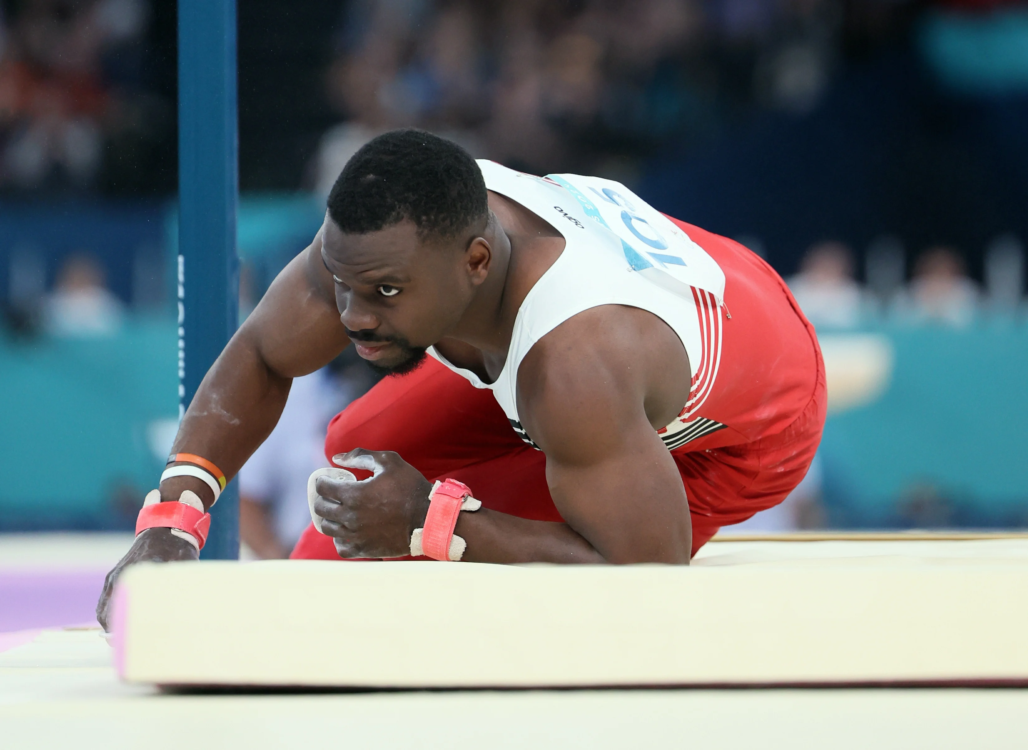 Belgian Noah Kuavita pictured after a fall during the men's gymnastics competition at the Paris 2024 Olympic Games, on Saturday 27 July 2024 in Paris, France . The Games of the XXXIII Olympiad are taking place in Paris from 26 July to 11 August. The Belgian delegation counts 165 athletes in 21 sports. BELGA PHOTO BENOIT DOPPAGNE