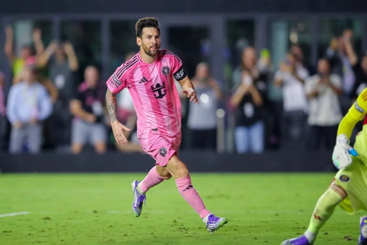 Inter Miami's Argentine forward #10 Lionel Messi takes a penalty kick and scores during the Leagues Cup semi-final football match between Inter Miami CF and Orlando City SC at Chase Stadium in Fort Lauderdale, Florida, on August 27, 2025. Chris Arjoon / AFP