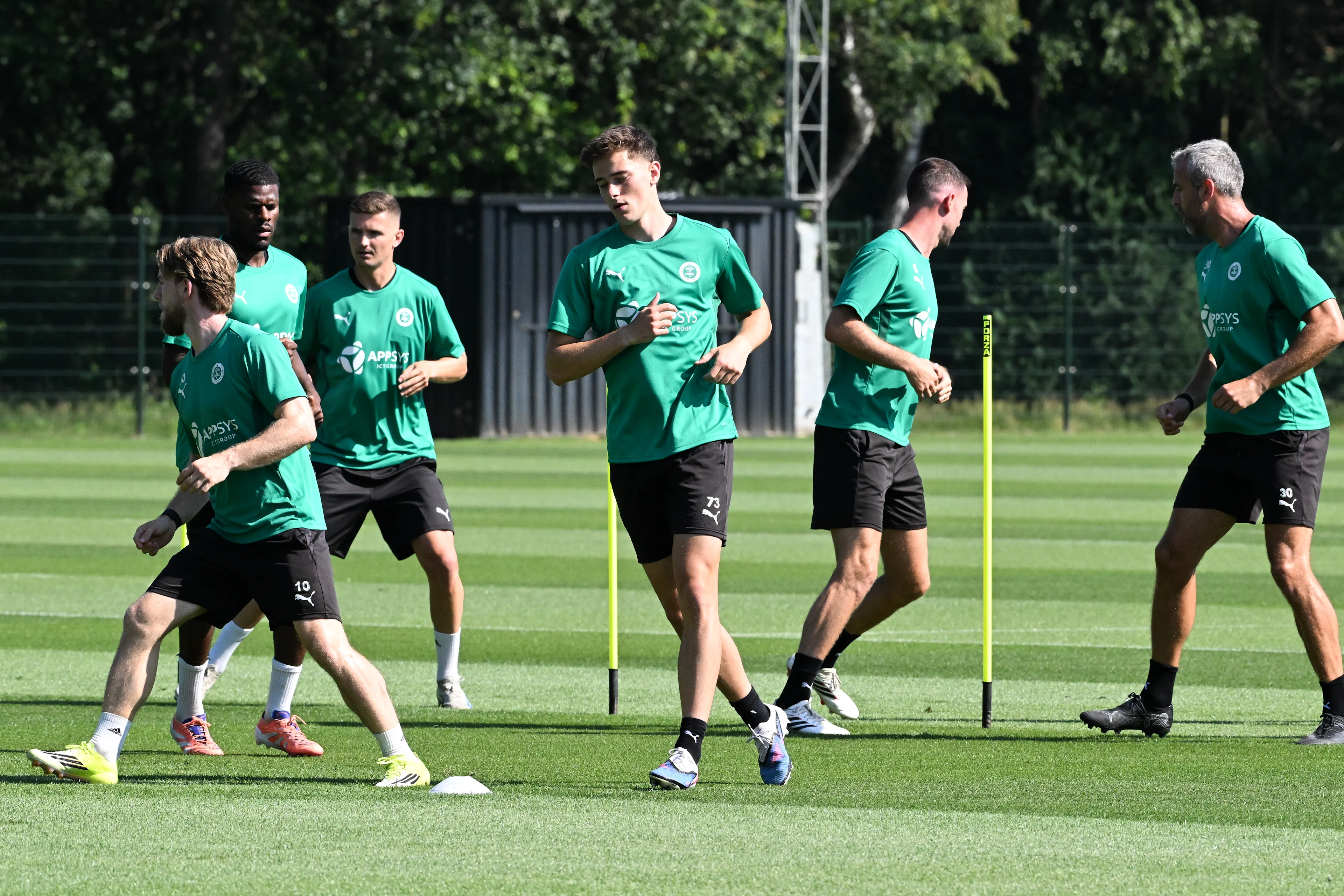 Lommel's players pictured during a training session of Belgian first division soccer team Lommel SK, on Friday 26 June 2026 in Lommel, in preparation of the upcoming 2026-2027 Belgian first division soccer season. BELGA PHOTO JILL DELSAUX