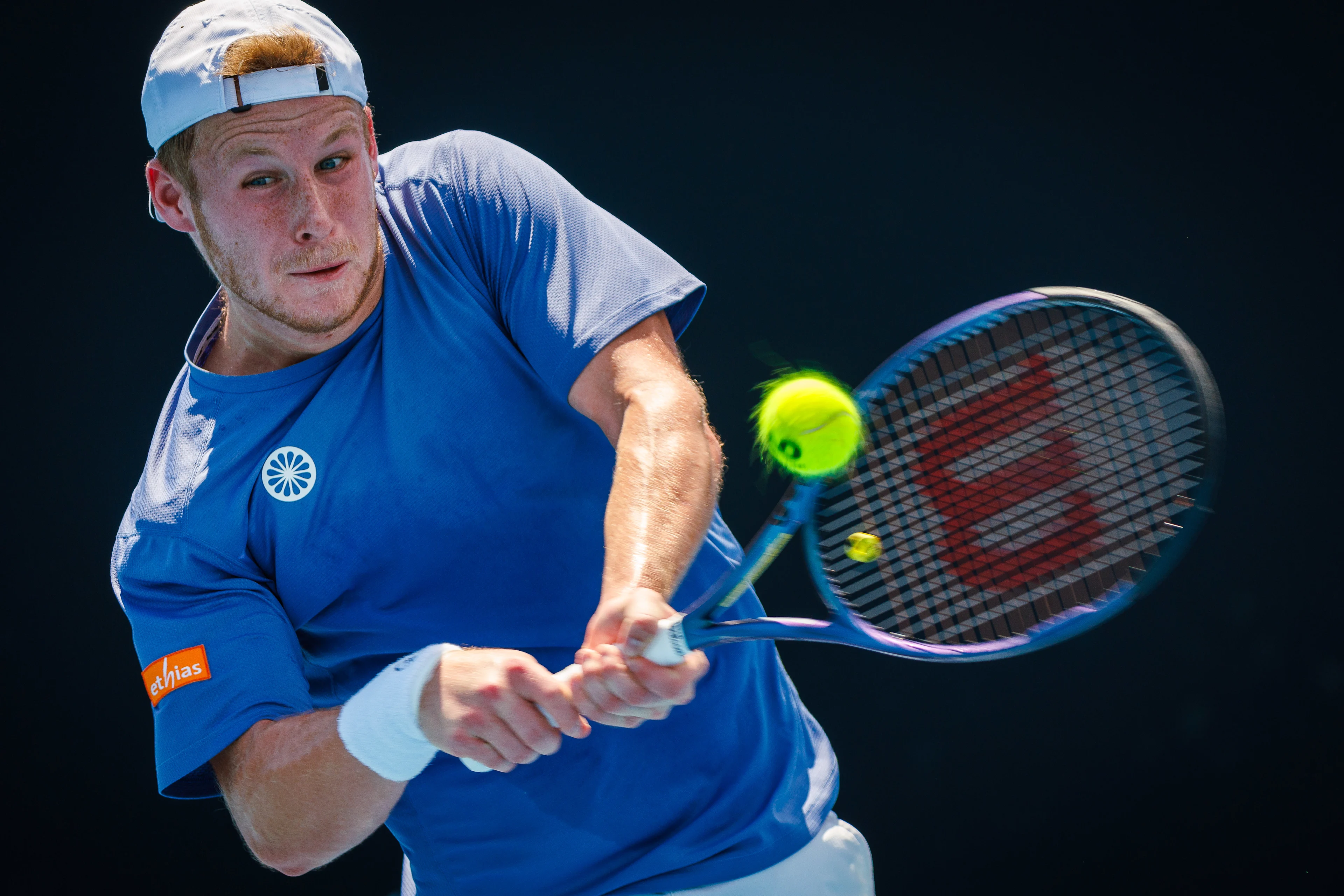 Belgian Gauthier Onclin pictured in action during a men's qualifying singles second round game between Belgian Onclin and American Kovacevic, at the 'Australian Open' Grand Slam tennis tournament, Wednesday 08 January 2025 in Melbourne Park, Melbourne, Australia. The 2024 edition of the Australian Grand Slam takes place from January 14th to January 28th. Onclin won his second game 6-3, 7-6, 6-1. BELGA PHOTO PATRICK HAMILTON