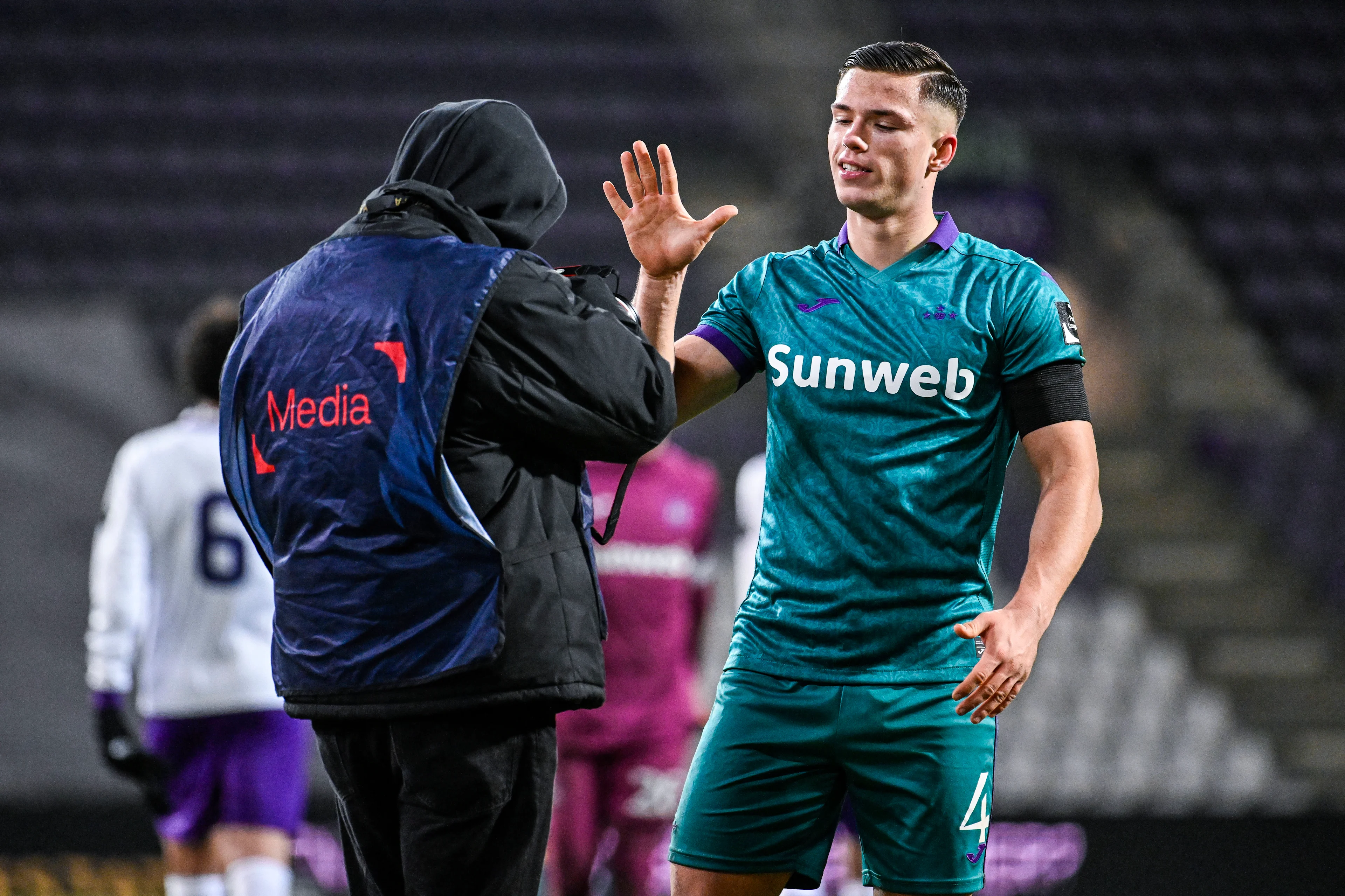 Anderlecht's Jan-Carlo Simic celebrates after winning a soccer game between Beerschot VA and RSC Anderlecht, Thursday 09 January 2025 in Antwerp, in the 1/4 finals of the 'Croky Cup' Belgian soccer cup. BELGA PHOTO TOM GOYVAERTS