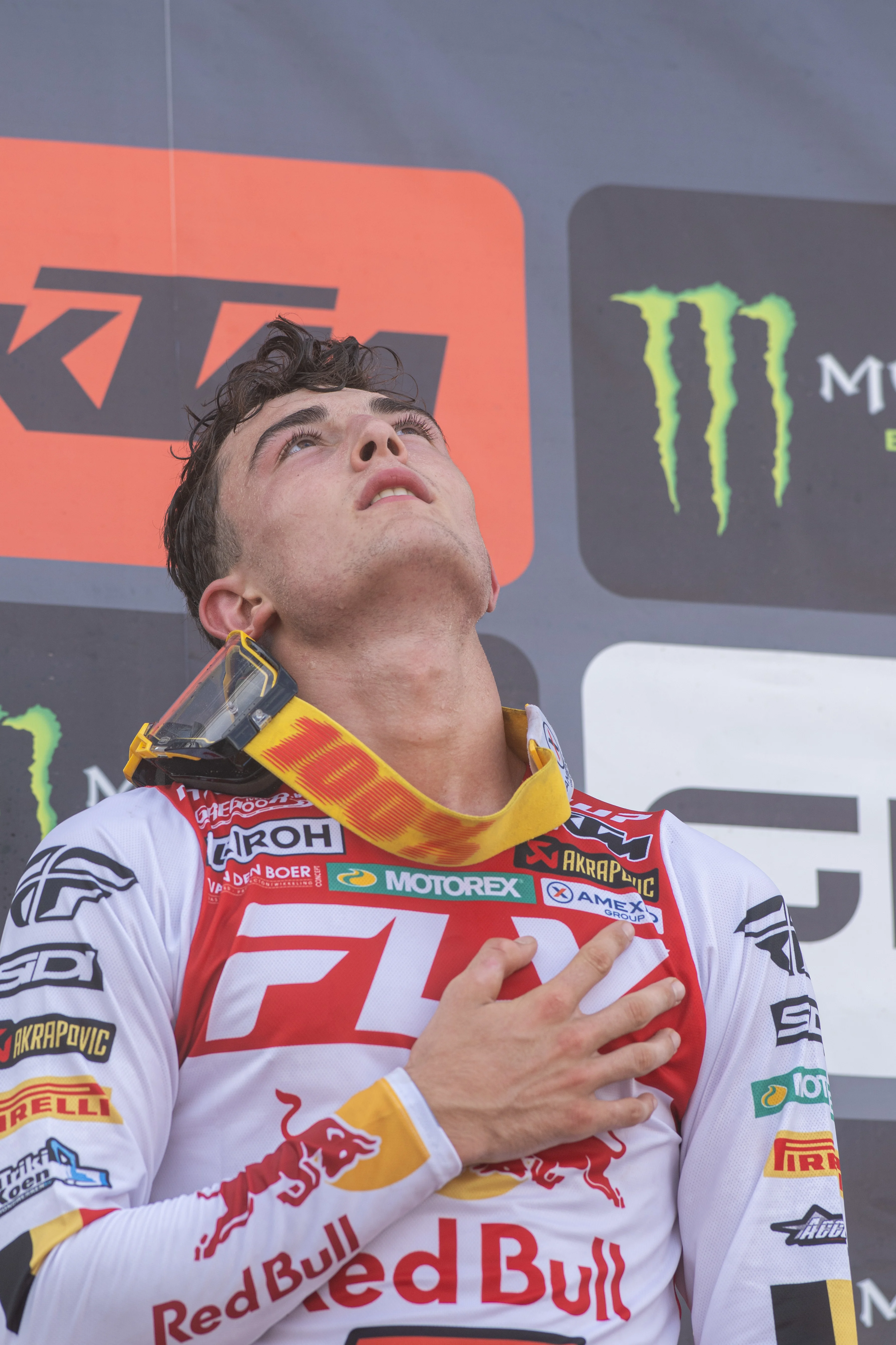 Belgium's Lucas Coenen celebrates on the podium after winning the motocross MXGP Grand Prix Flanders, race 15/20 of the FIM Motocross World Championship, Sunday 03 August 2025 in Lommel. BELGA PHOTO JONAS ROOSENS