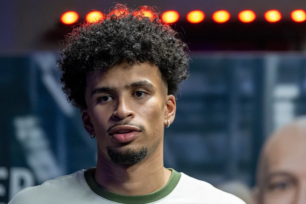 Belgian NBA-player Toumani Camara pictured during a press vision and avant-premiere of the documentary 'The Belgian Dream', at Kinepolis cinema complex in Brussels, Monday 29 July 2024. BELGA PHOTO NICOLAS MAETERLINCK