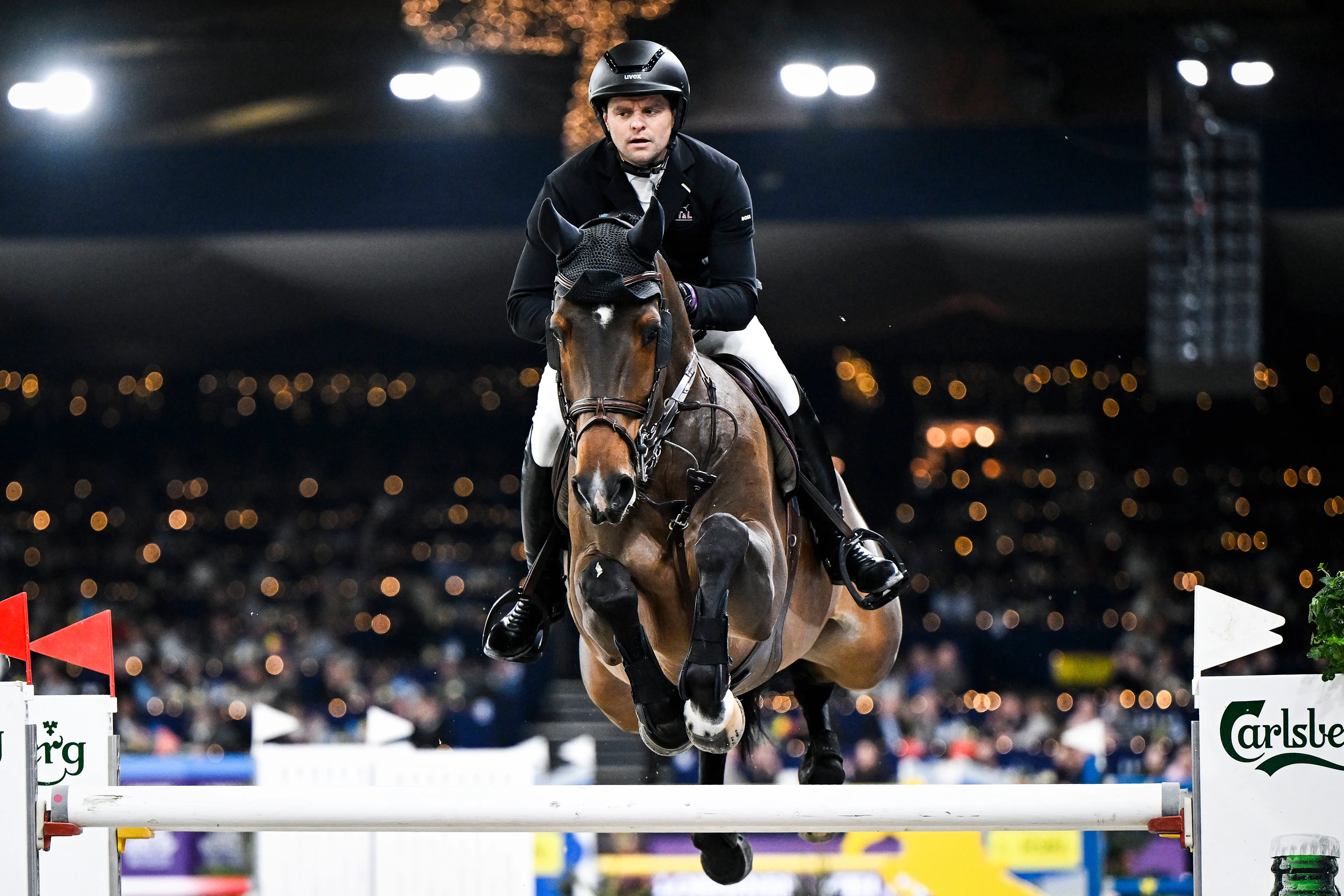 Belgian rider Frederic Vernaet with Paulus-L pictured in action during the FEI World Cup Jumping competition at the 'Vlaanderens Kerstjumping - Memorial Eric Wauters' equestrian event in Mechelen on Monday 30 December 2024. BELGA PHOTO TOM GOYVAERTS