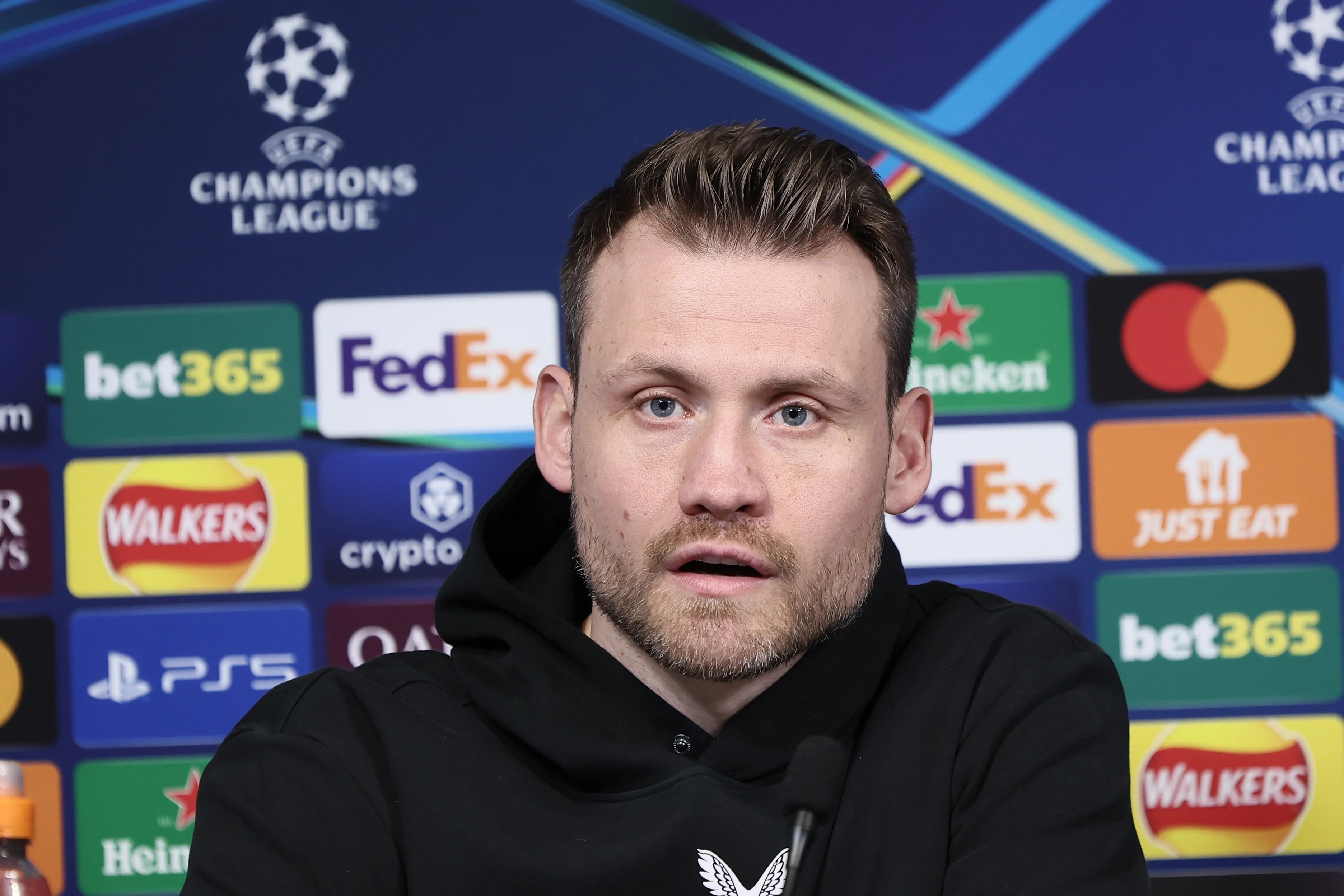 Club's goalkeeper Simon Mignolet pictured during a press conference of Belgian soccer Club Brugge KV, Tuesday 28 January 2025 in Manchester, England. Tomorrow, they will play against English club Manchester City, on the eight day (out of 8) of the UEFA Champions League league phase. BELGA PHOTO BRUNO FAHY