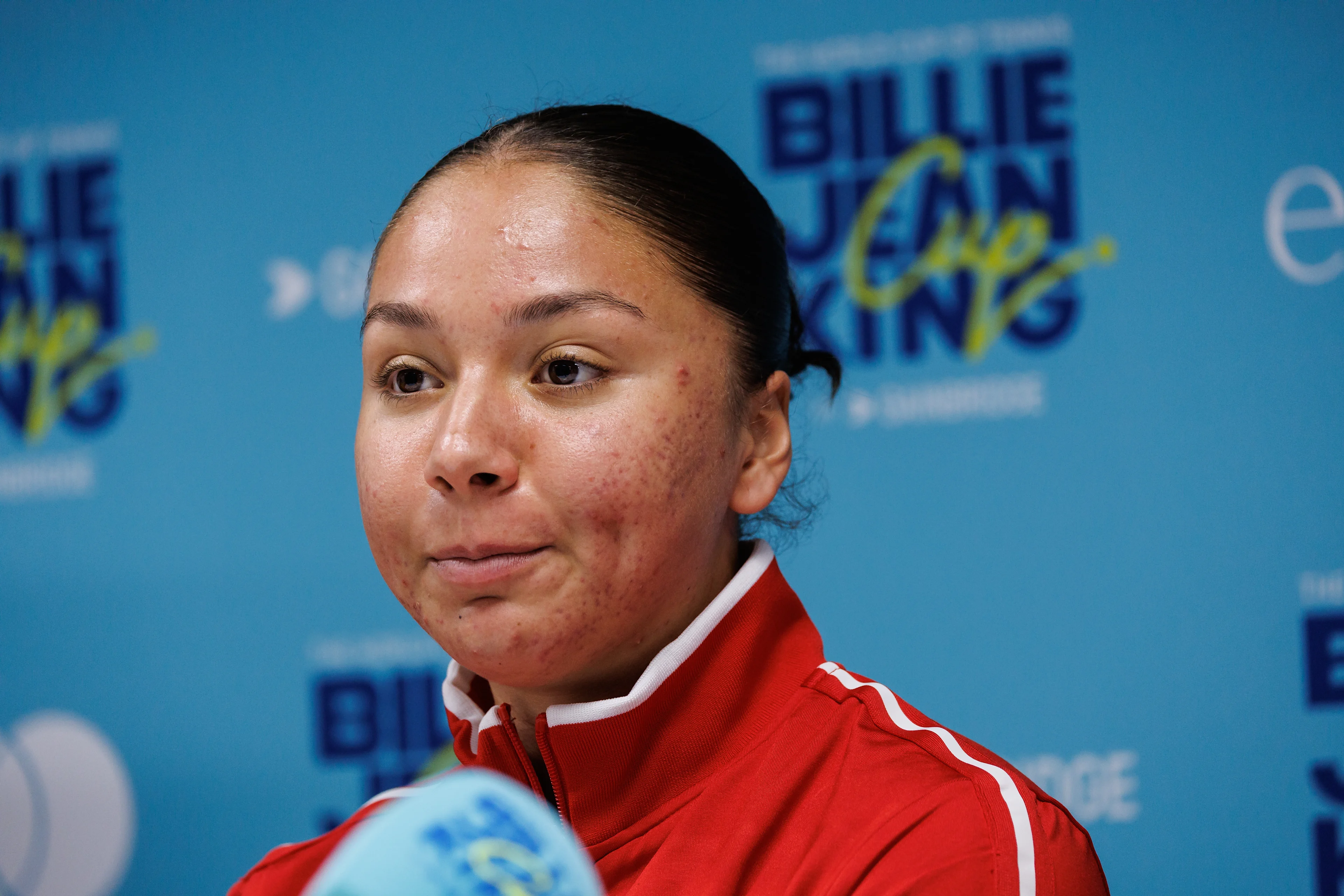 Belgian Sofia Costoulas pictured during a press conference of Belgian team ahead of the meeting between Belgium and USA, in the qualifiers of the Billie Jean King Cup tennis, in Oostende, Belgium, on Tuesday 07 April 2026. The game will be played on 10 and 11th April. PHOTO KURT DESPLENTER