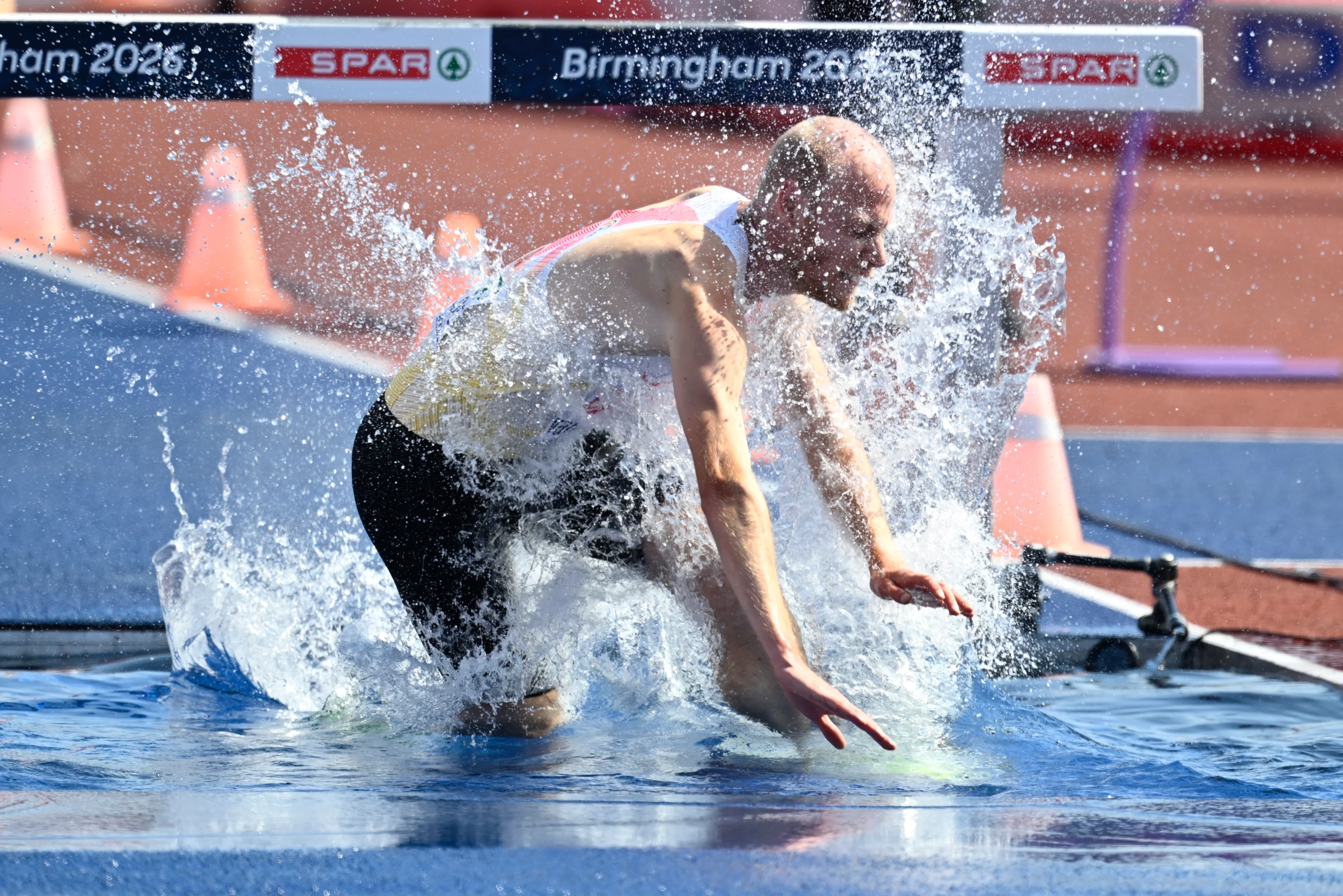 Belgian Tim Van De Velde pictured in action during the men's 3000m steeplechase, at on the fourth day of the European Athletics Championships (August 10-18) in Birmingham, United Kingdom, on Thursday 13 August 2026. BELGA PHOTO ERIC LALMAND