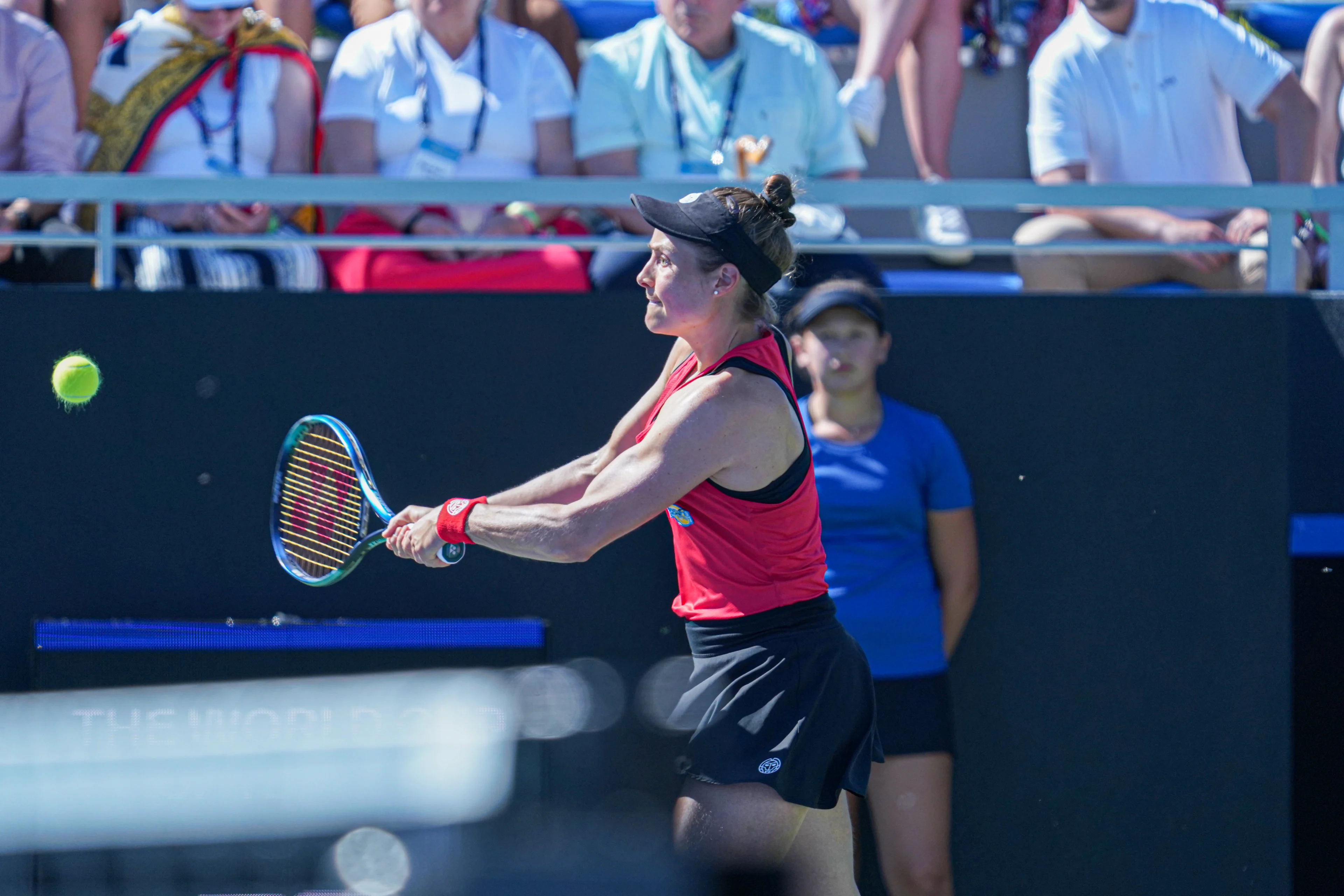 Belgian Marie Benoit pictured in action during the fourth match between, a doubles match between American pair Dolehide and Townsend and Belgian pair Benoit and Zimmermann, on the second day of the meeting between USA and Belgium, in the qualification round in the world group for the final of the Billie Jean King Cup tennis, in Orlando, Florida, USA, on Saturday 13 April 2024. BELGA PHOTO MARTY JEAN LOUIS