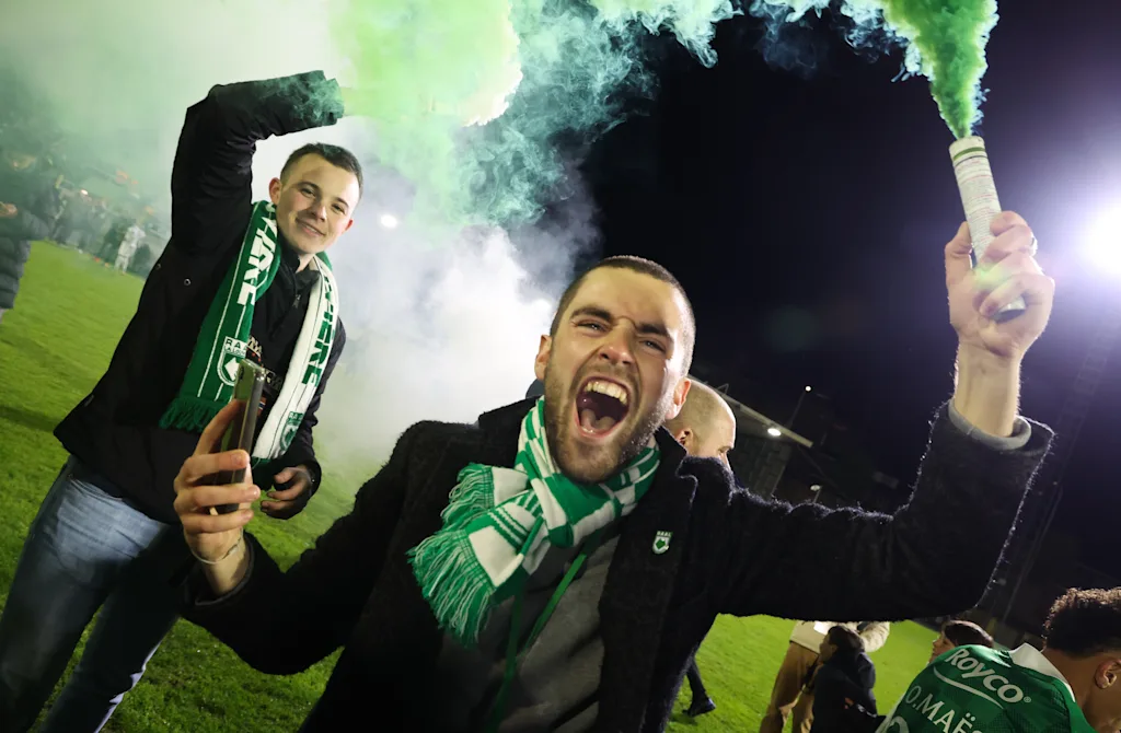 RAAL's supporter celebrates after winning a match between RAAL La Louviere and Jong Gent (KAA Gent), in the Belgian National Division 1 (Eerste Nationale), in La Louviere, Saturday 20 April 2024. BELGA PHOTO VIRGINIE LEFOUR