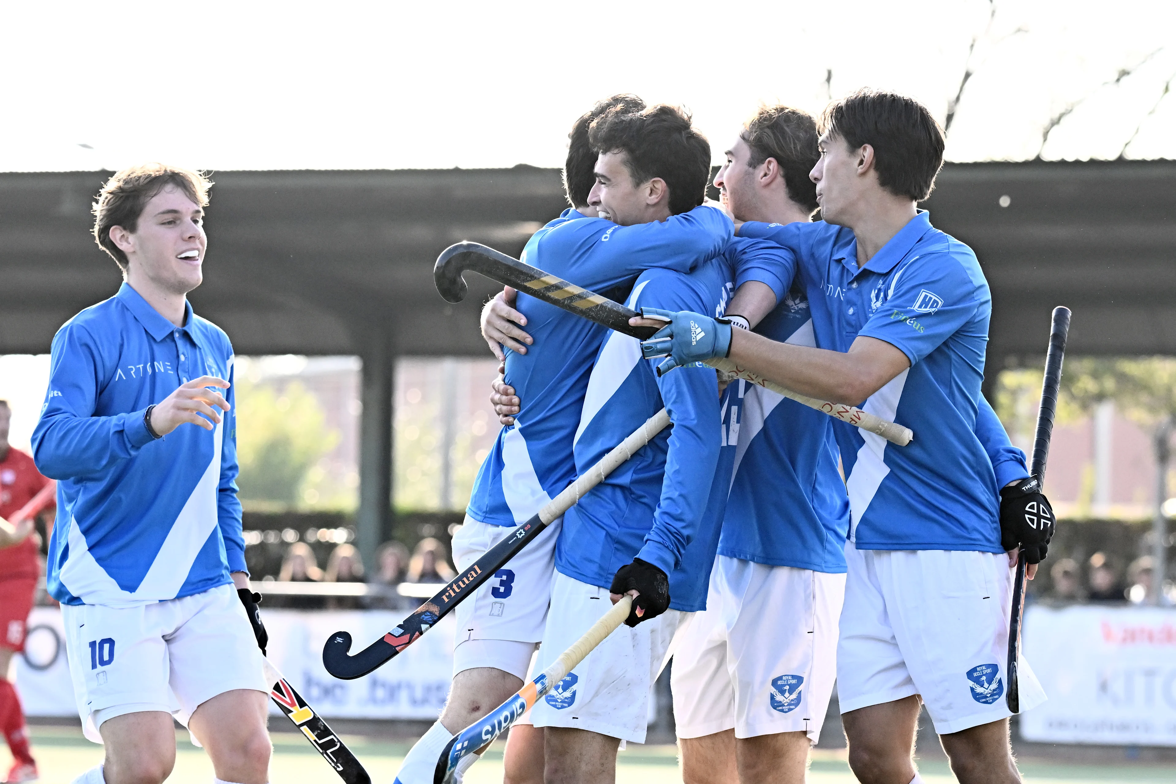 Uccle's Pol Gisbert Amat celebrates after scoring the 2-0 goal during a hockey game between Uccle Sport and Namur, Sunday 27 October 2024 in Brussels, on day 8 of the Belgian first division hockey championship. BELGA PHOTO MAARTEN STRAETEMANS