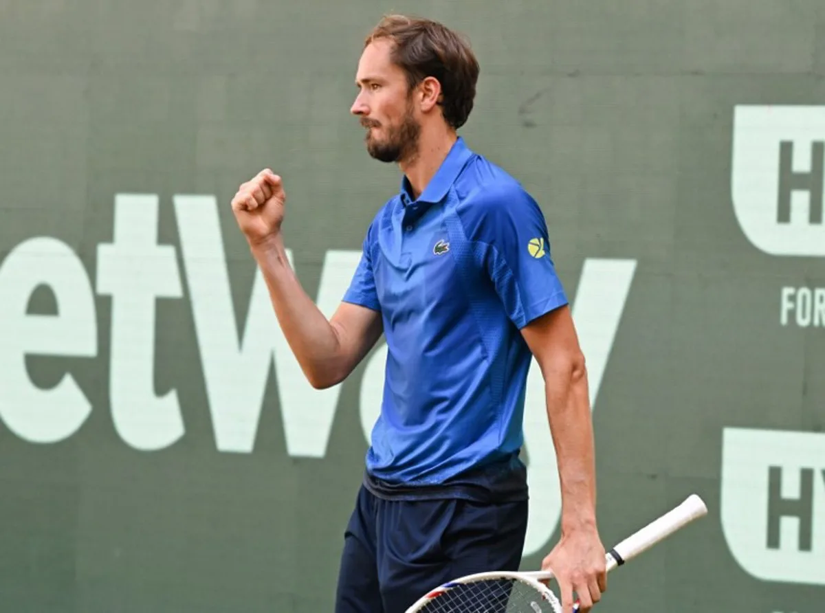 Russia's Daniil Medvedev reacts during the men's singles semi-final match against Germany's Alexander Zverev (not in picture) at the Halle Open ATP tennis tournament in Halle, western Germany, on June 21, 2025. CARMEN JASPERSEN / AFP
