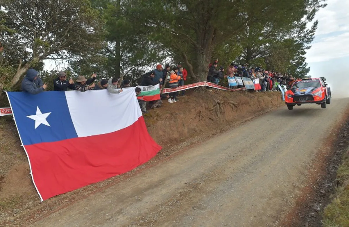 Belgium driver Thierry Neuville and co-driver Martijn Wydaeghe in their Hyundai i20 N race during the first day of the WRC Rally Chile Bio Bio in Concepcion, Chile, on September 27, 2024.  Guillermo SALGADO / AFP