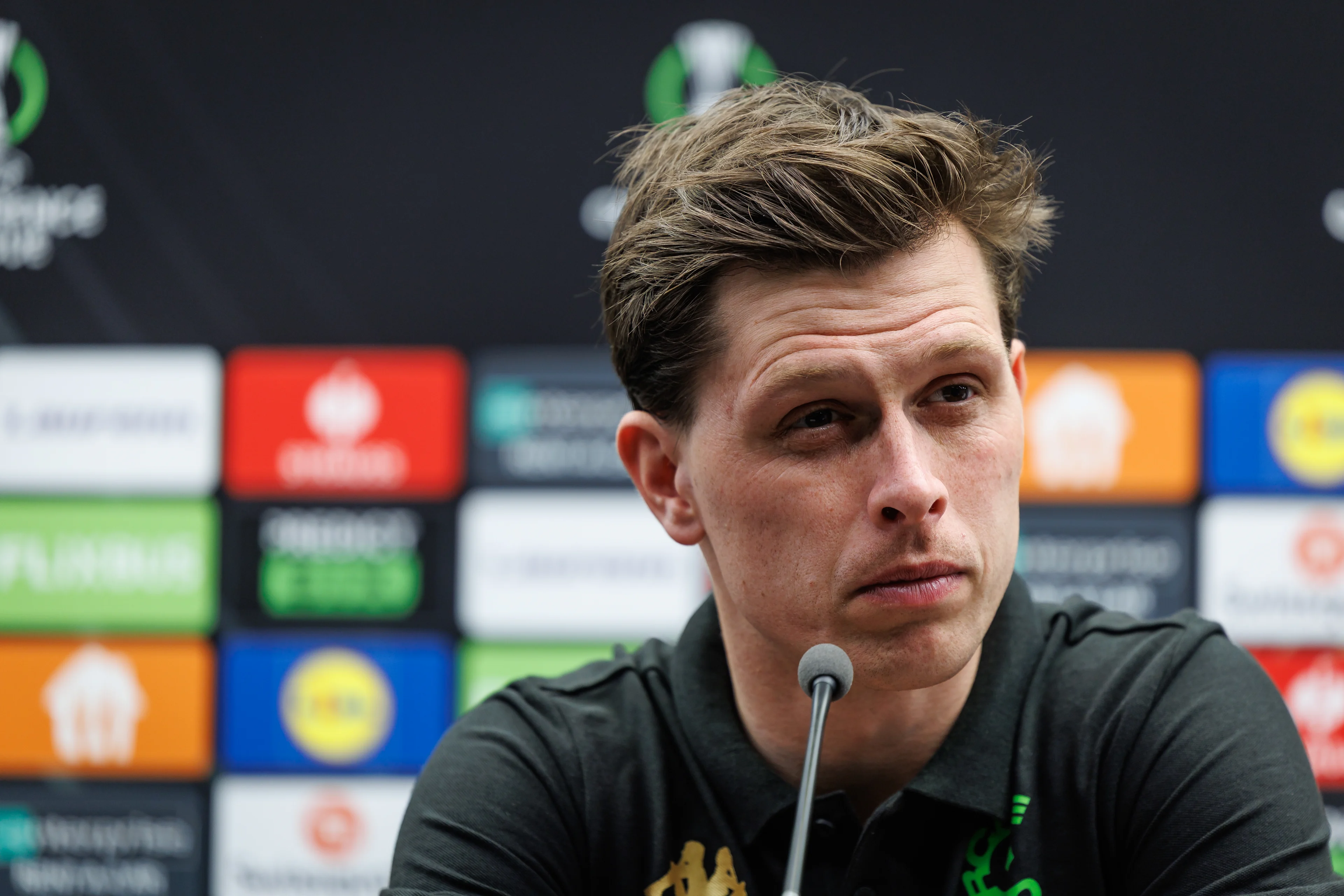 Cercle's Hannes Van der Bruggen pictured during a press conference of Belgian soccer team Cercle Brugge KSV, Wednesday 12 March 2025 in Brugge. Tomorrow Cercle will play Polish Jagiellonia Bialystok in the return leg of the round of 16 of the UEFA Conference League tournament. BELGA PHOTO KURT DESPLENTER