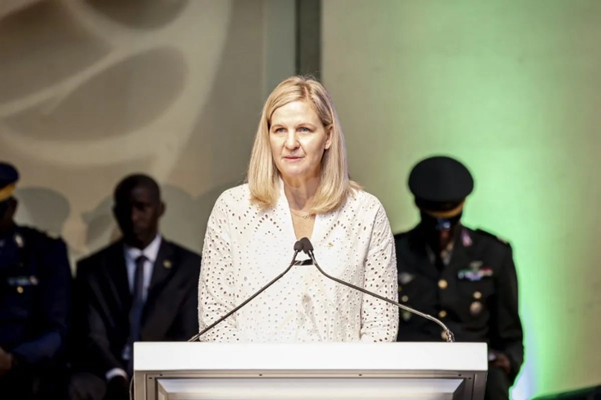 President of the International Olympic Committee (IOC) Kirsty Coventry delivers her speech during the unveiling ceremony of the Dakar 2026 Youth Olympics mascot at the Grand Theatre in Dakar, on October 31, 2025. Senegal will be the first African country to host the Summer Youth Olympic Games in 2026. PATRICK MEINHARDT / AFP