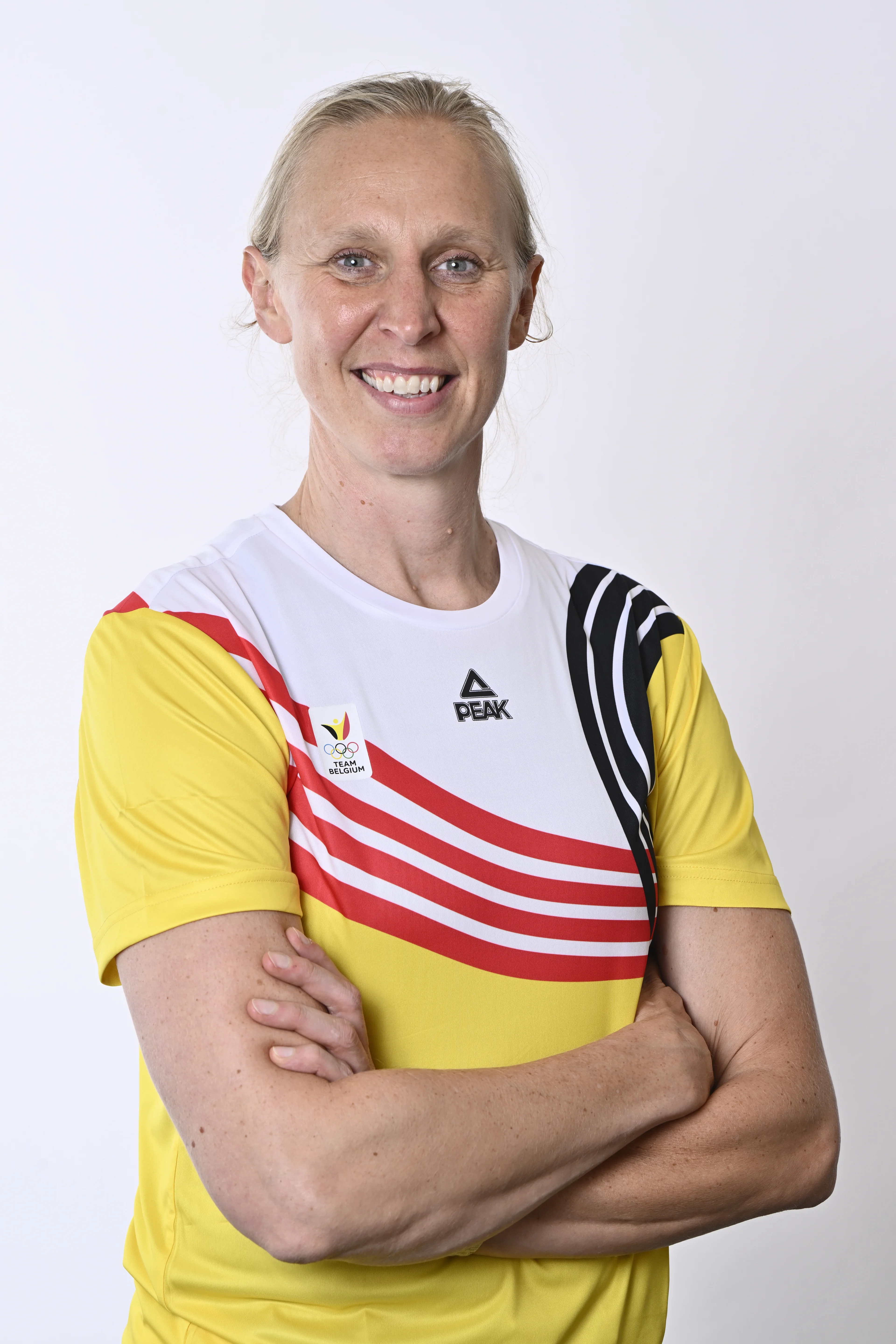 Ann Wauters poses for the photographer during a photoshoot for the Belgian Olympic Committee BOIC - COIB ahead of the Paris 2024 Olympic Games, in Brussels, Thursday 04 July 2024. BELGA PHOTO ERIC LALMAND