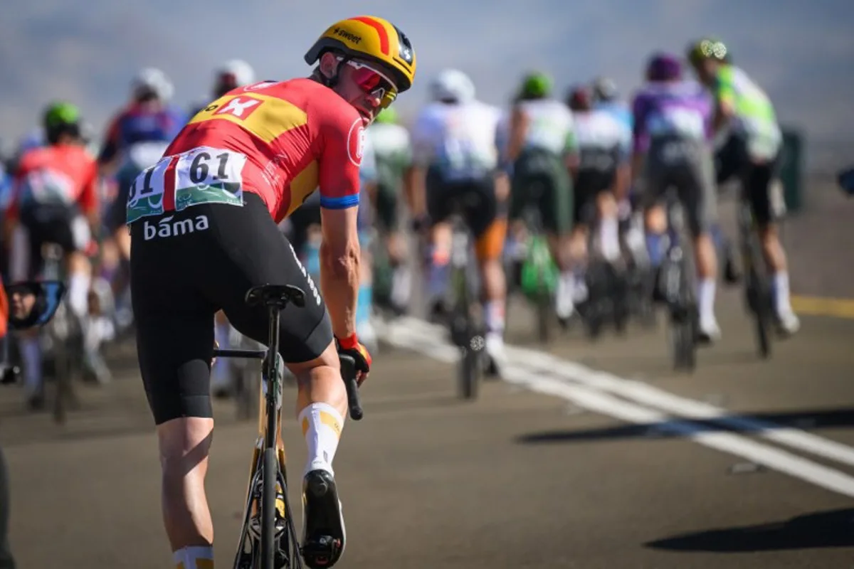 Team Uno-X Mobility's Norvegian rider Alexander Kristoff looks back during the second stage of the AlUla Tour cycling race, 158 km from Alula Old Town to Bir Jaydah Mountain Wirkah, on January 29, 2025.  Loic VENANCE / AFP