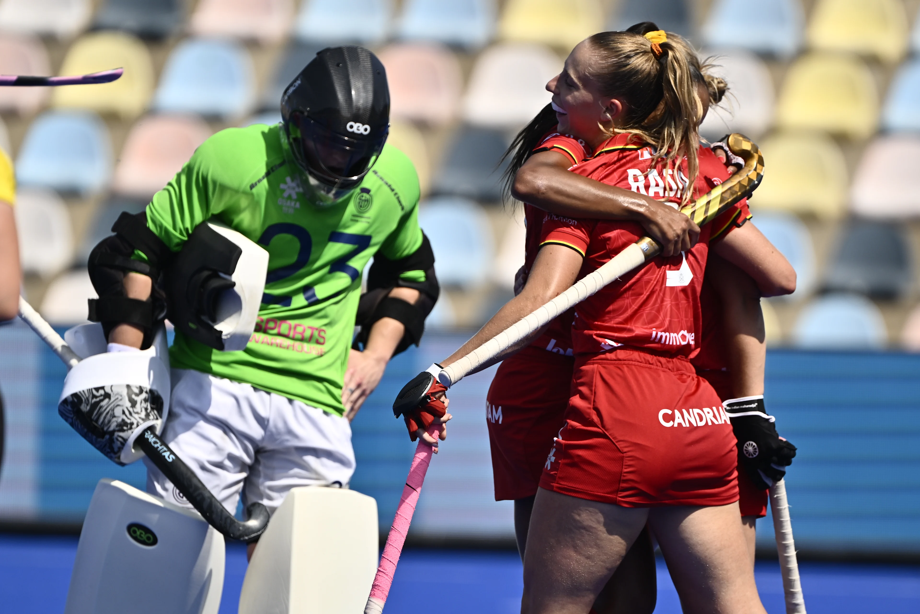 Belgium's Justine Rasir (R) celebrates during a hockey game between Scotland and the Belgian national team Red Panthers, match 3/3 in the pool stage of the 2025 women's European championships, Wednesday 13 August 2025 in Monchengladbach, Germany.  BELGA PHOTO ERIC LALMAND