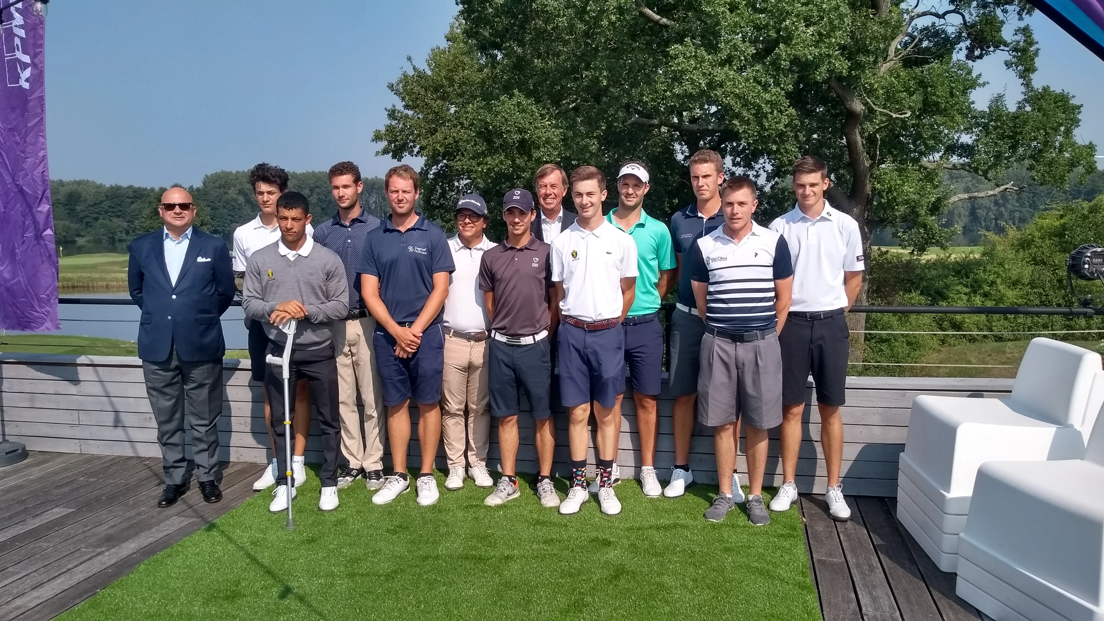 The Belgian team with Christopher Mivis, Kevin Hesbois, Alan De Bondt, Yente Van Doren, Thibaut Leys en Gaetan Weydts Caesens, Adem Wahbi, Jean de Wouters d'Oplinter, Charles Roeland, Jarno Tollenaere, Arnaud Galand and Anthony De Schutter, pictured at the presentation of the KPMG Trophy in Paal, Monday 26 August 2019. BELGA PHOTO KRISTOF LENAERTS